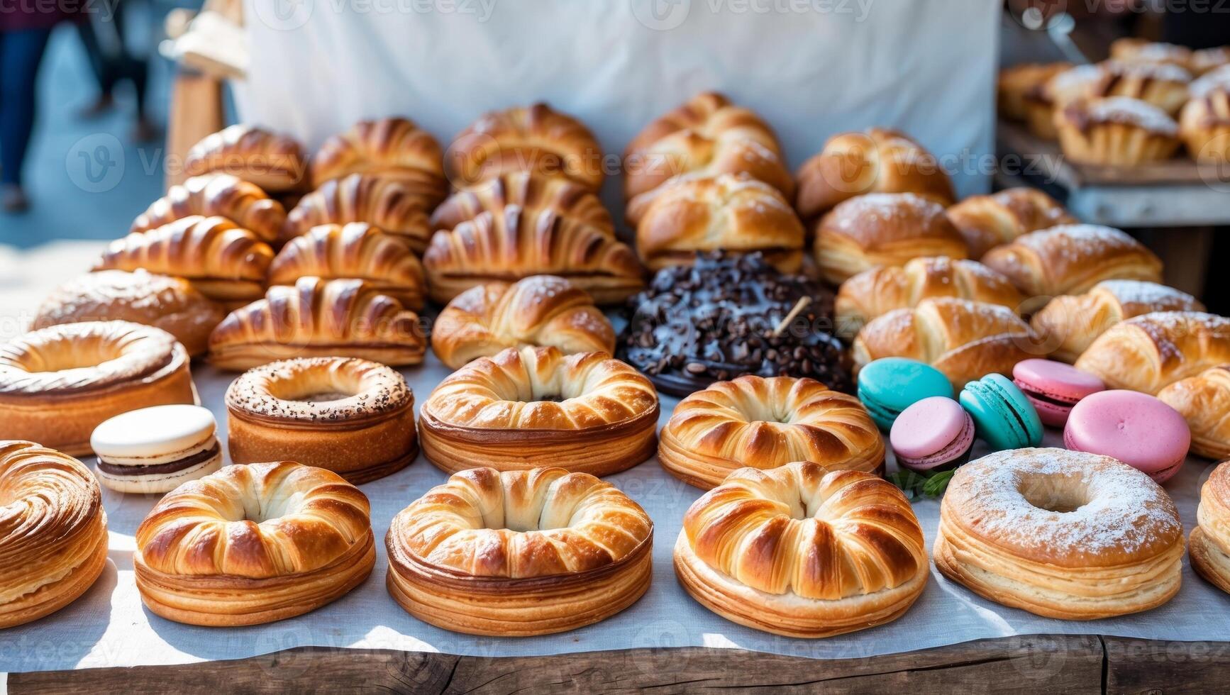 Assorted freshly baked pastries displayed at a local market stall. photo
