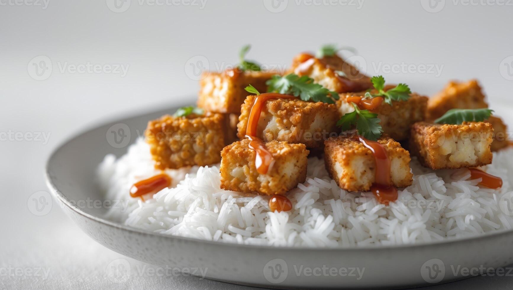 Crispy Tempeh Cubes Served Over Rice With SauceCrispy Tempeh Cubes Served Over Rice With Sauce. photo