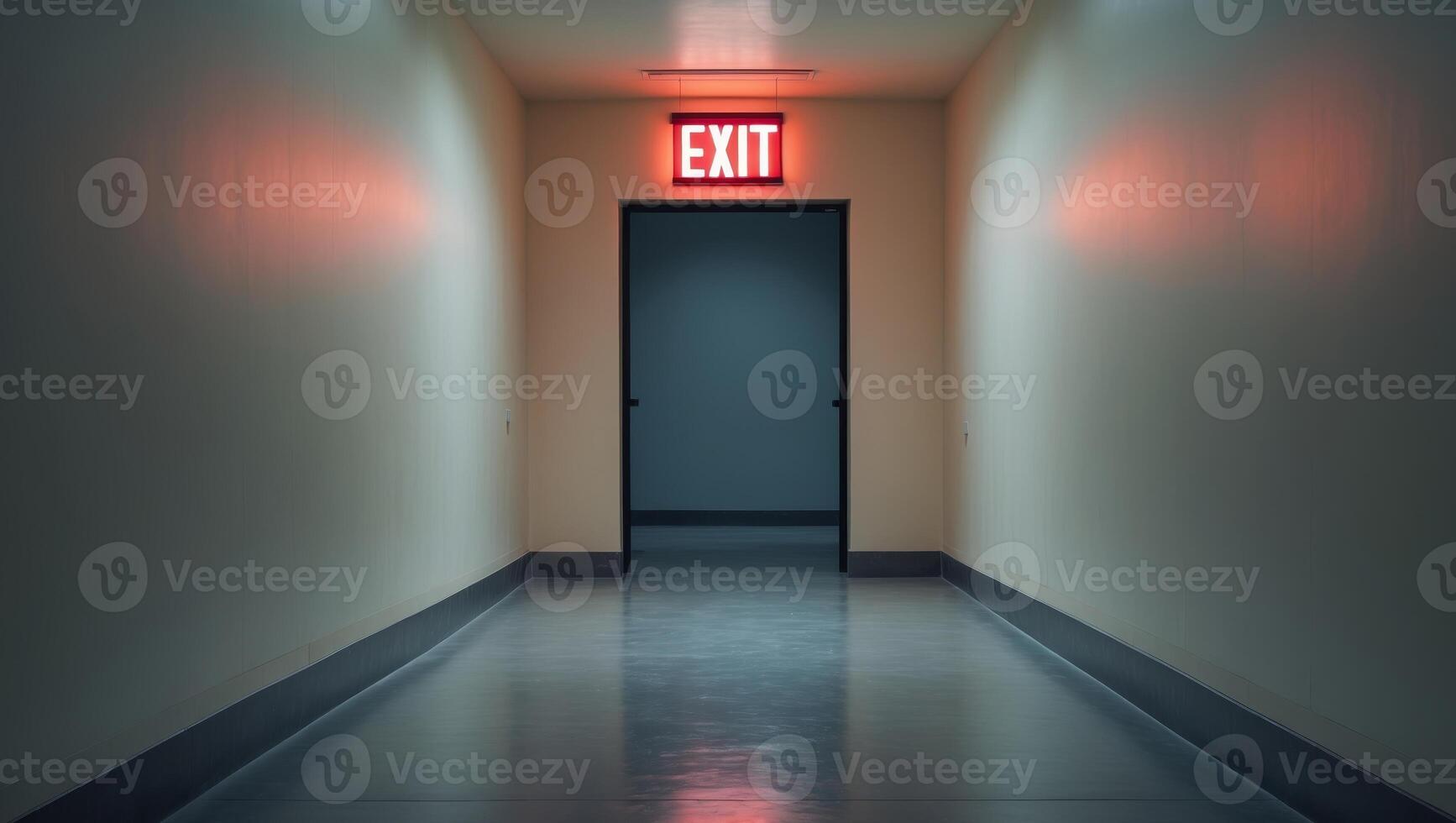 Dimly lit hallway with neon red exit sign over open doorway. photo