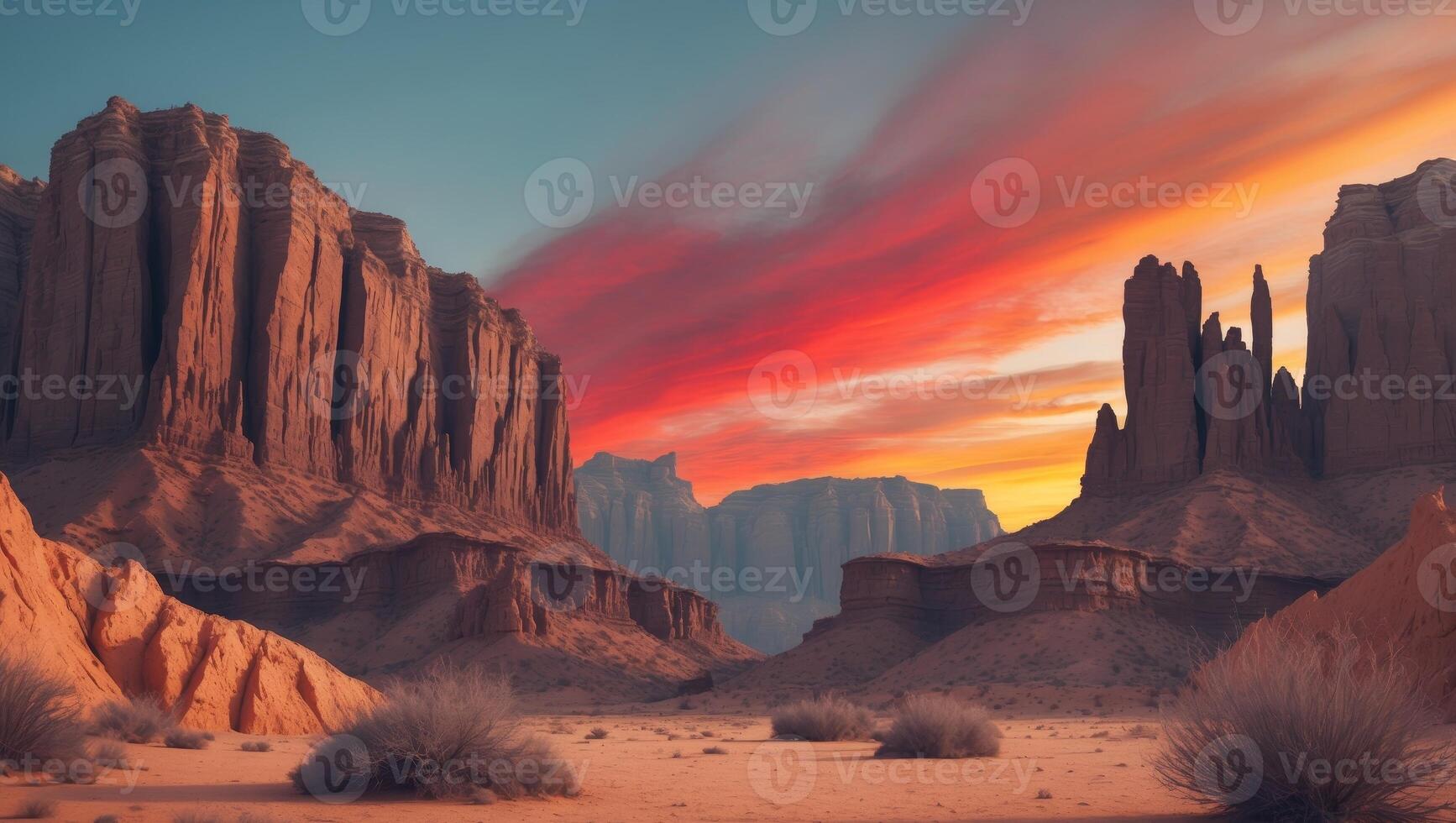 dramatic desert landscape with jagged cliffs and vibrant sunset huesdramatic desert landscape with jagged cliffs and vibrant sunset hues. photo