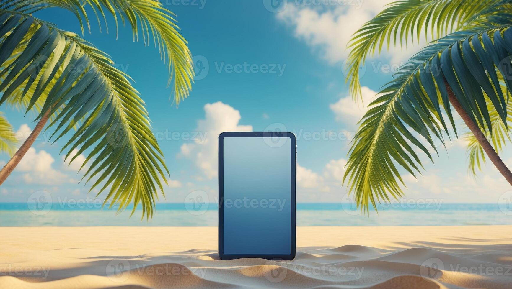 Digital tablet showcasing a tropical beach scene beside palm leaves on sandy shore with space for text or promotional content. photo
