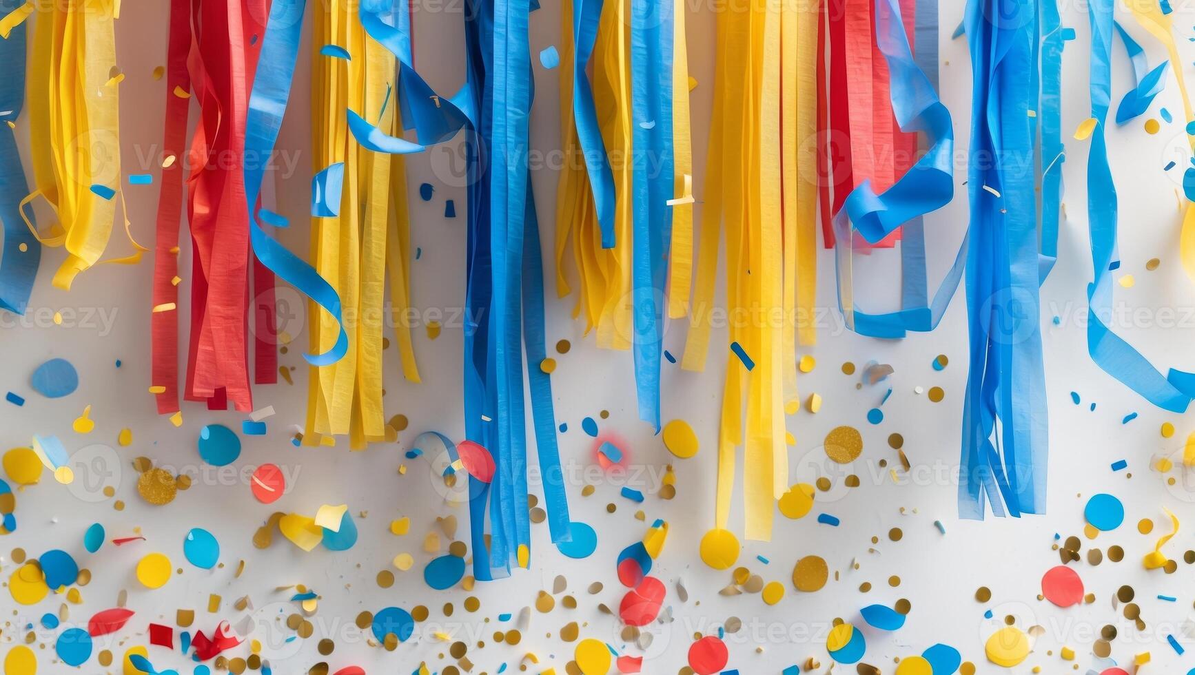 Festive celebration scene with colorful streamers and confetti on vibrant streetFestive celebration scene with colorful streamers and confetti on vibrant street. photo