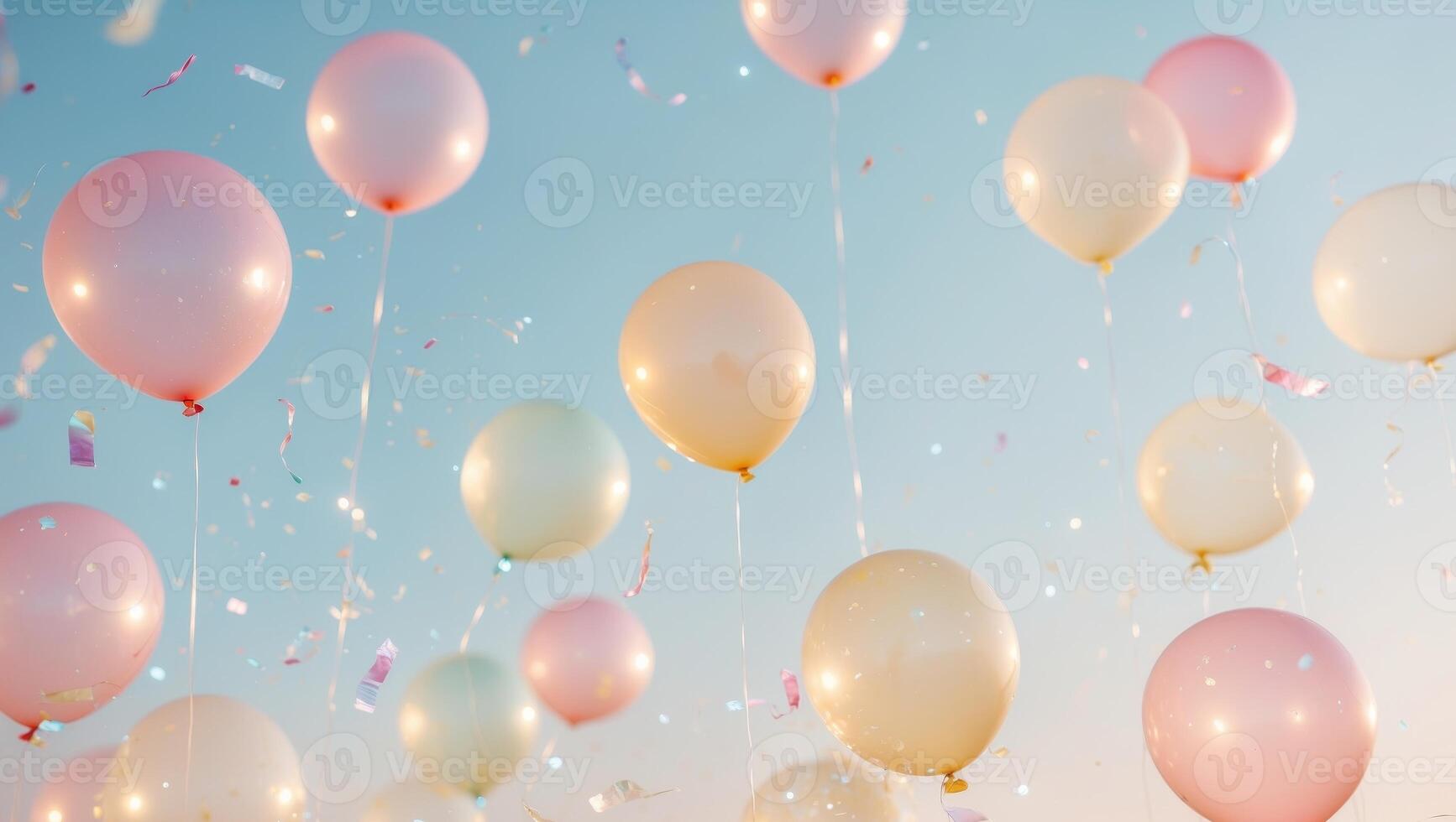 Floating balloons in a pastel sky with confetti photo