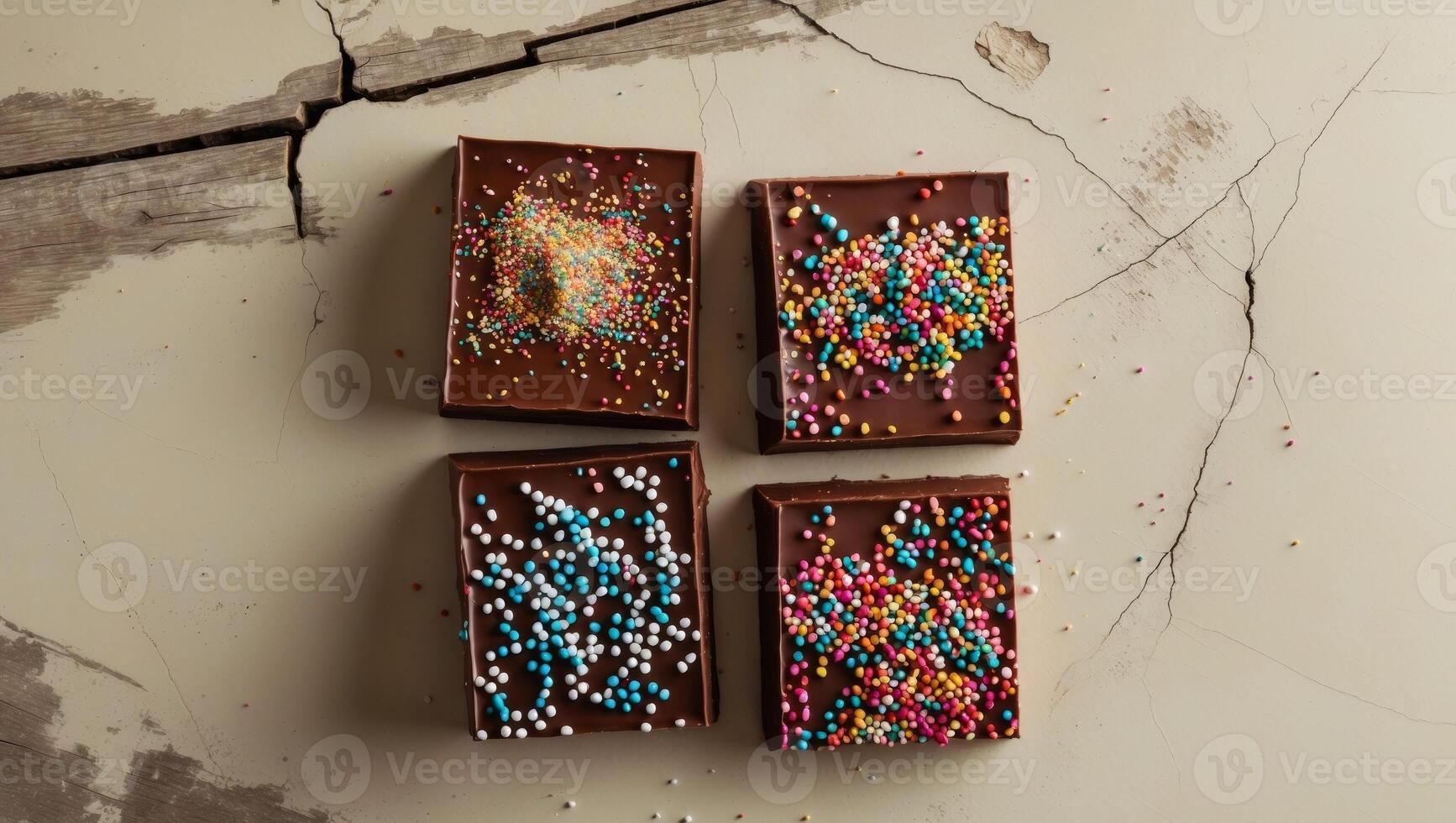Four Delicious Chocolate Squares with Sprinkles on Rustic Wood. photo