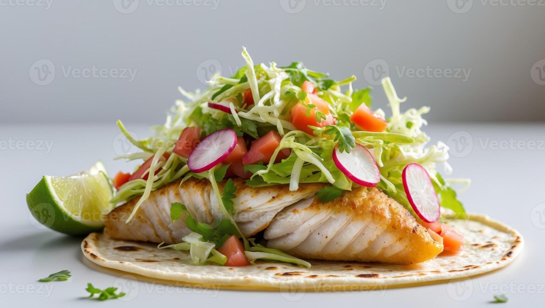 Fish Tacos with Fresh Vegetables and Lime Wedges.Fish Tacos with Fresh Vegetables and Lime Wedges. photo