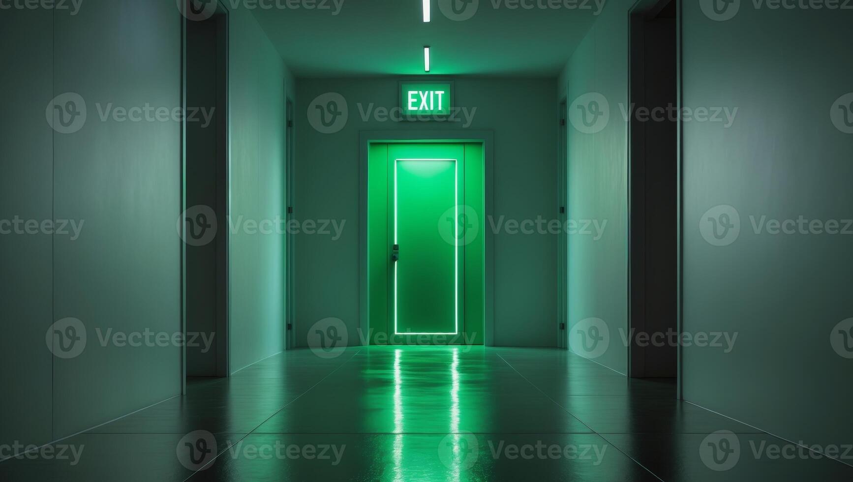 Green illuminated exit door in a narrow hallway with reflective floor photo