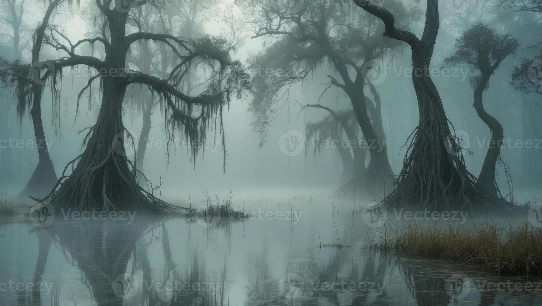 Misty Swamp Landscape with Twisted Trees and Reflective Water Under Soft Morning Light. photo