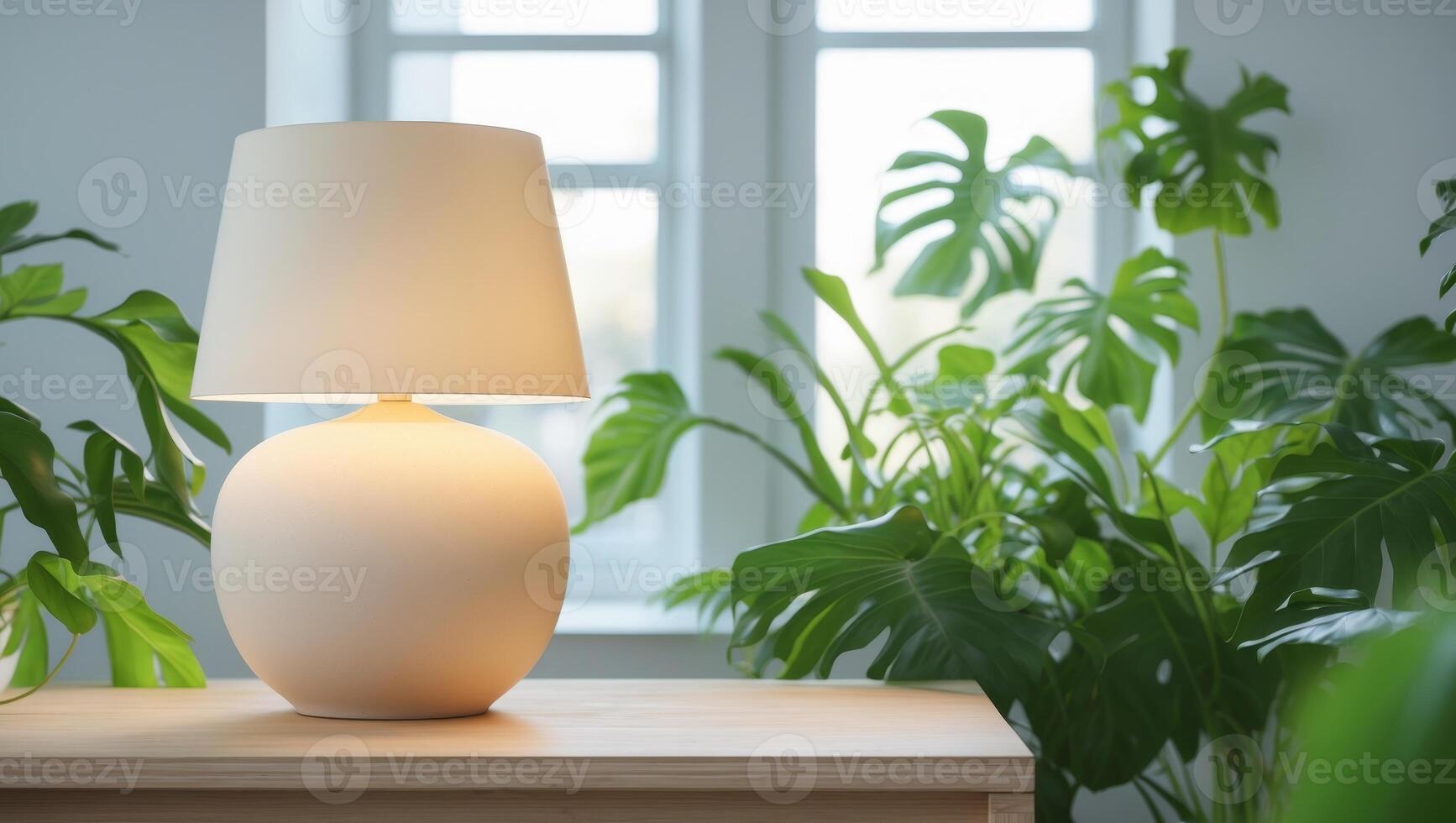 Modern Stylish Workspace with Table Lamp and Green Plants in Cozy Interior DesignModern Stylish Workspace with Table Lamp and Green Plants in Cozy Interior Design. photo