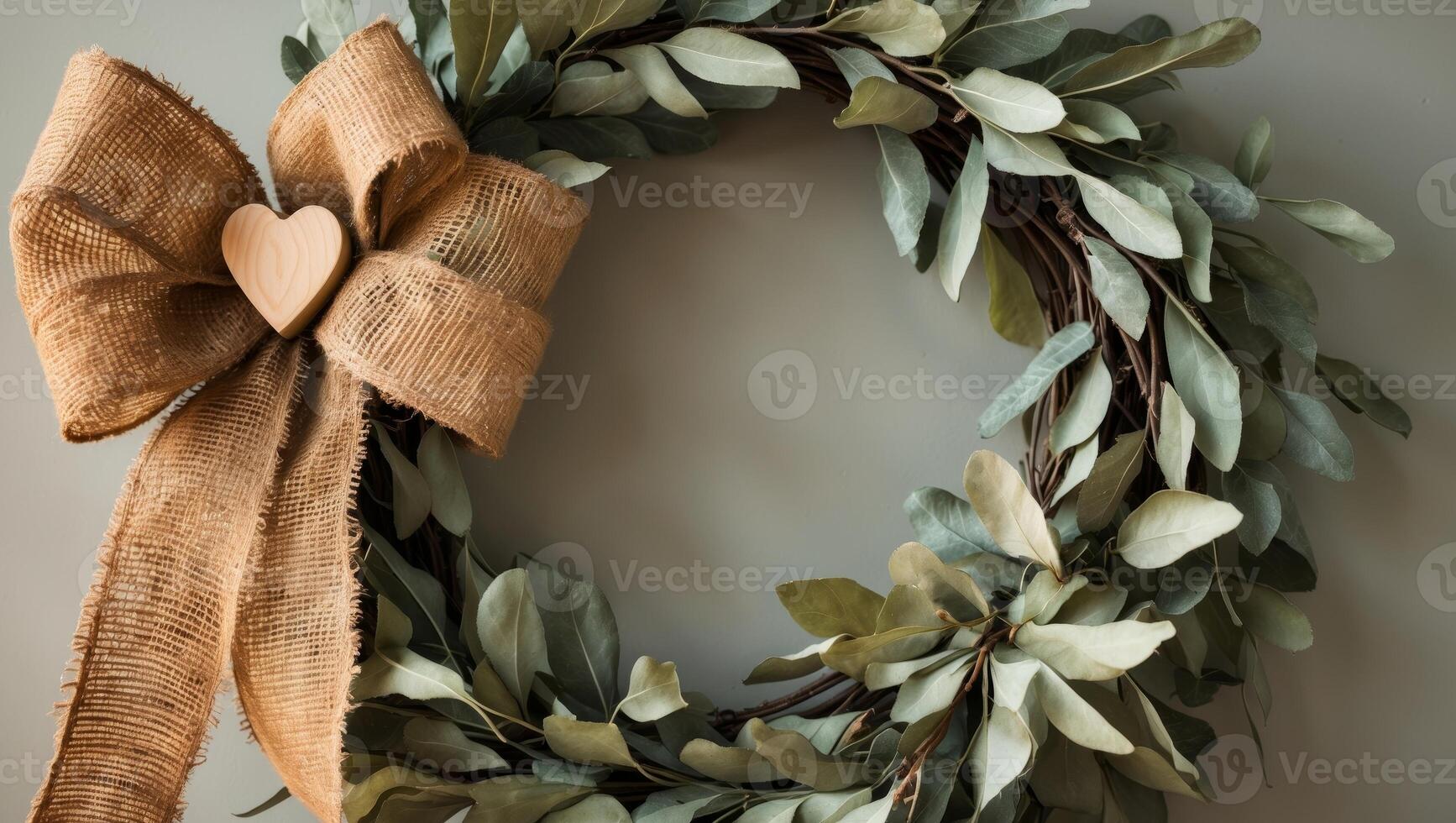 Rustic Wreath with Burlap Bow and Heart Centerpiece Autumn Decor Inspiration. photo