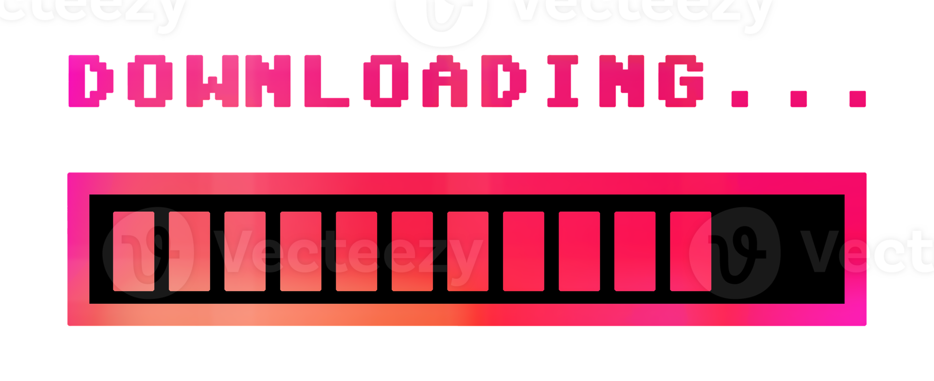 8-bit retro style isolated text, downloading, with a graded color shift progress bar. png