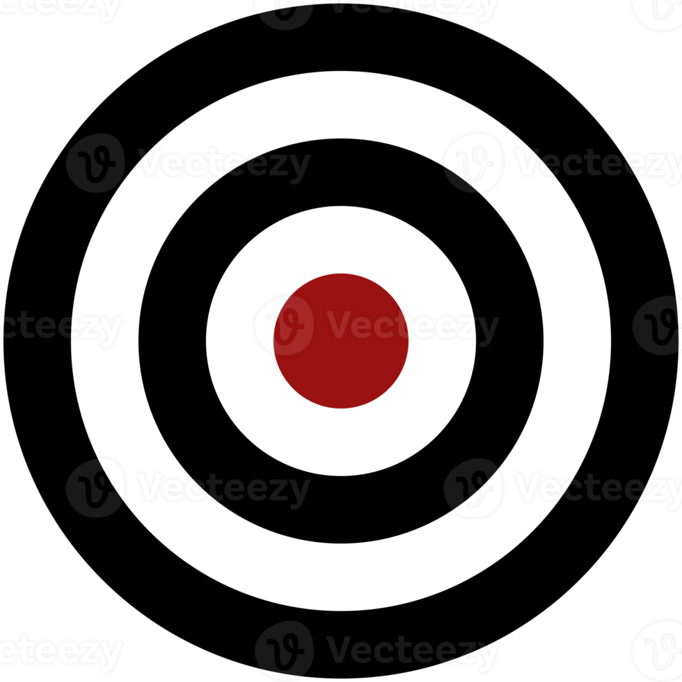 Isolated simplet bullseye target symbol featuring concentric circles in black and white with a bold red center. Aiming, precision, goal-setting. png