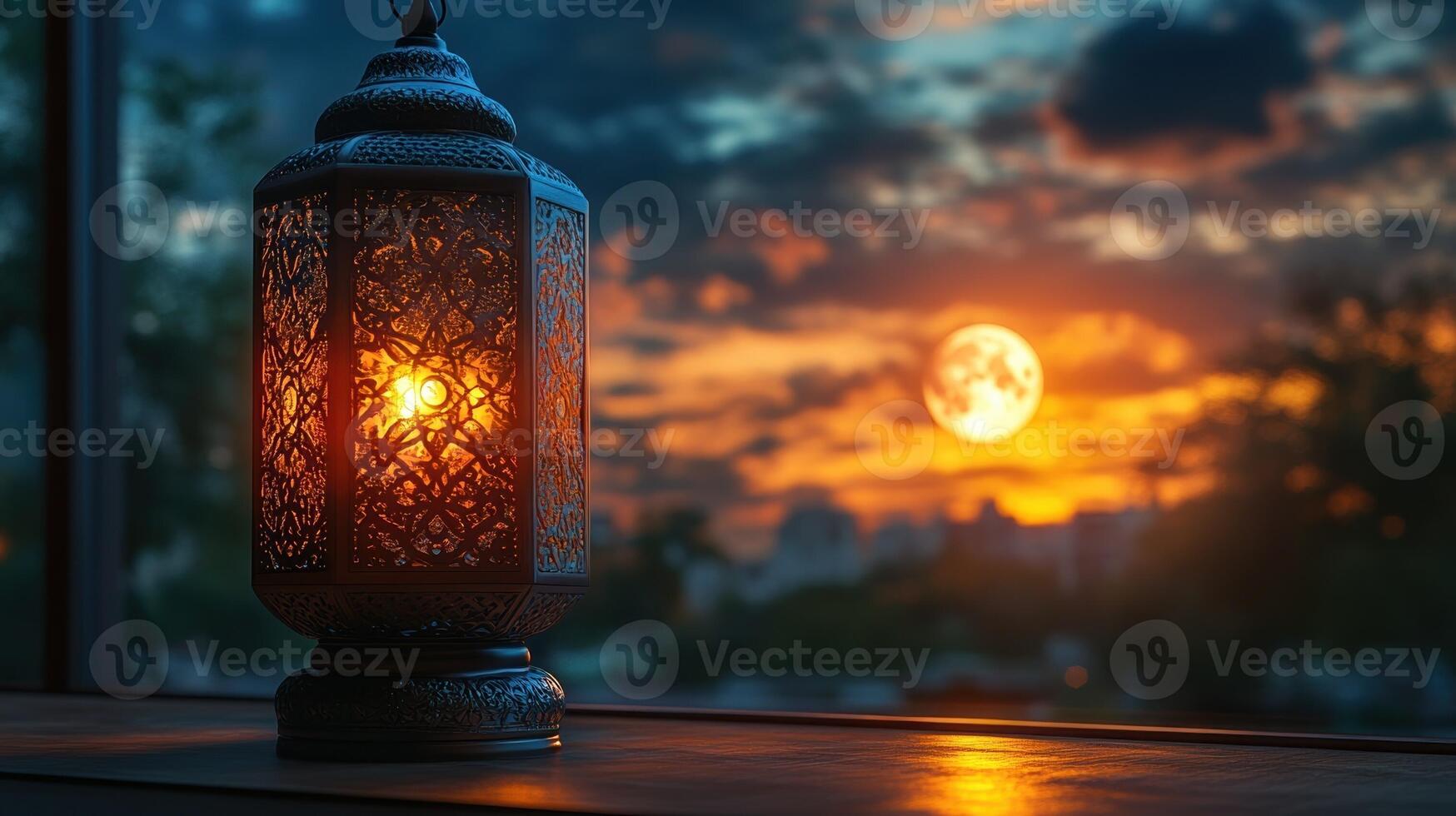 on a wooden windowsill traditional Ramadan lantern near an open window on the background of the moon photo