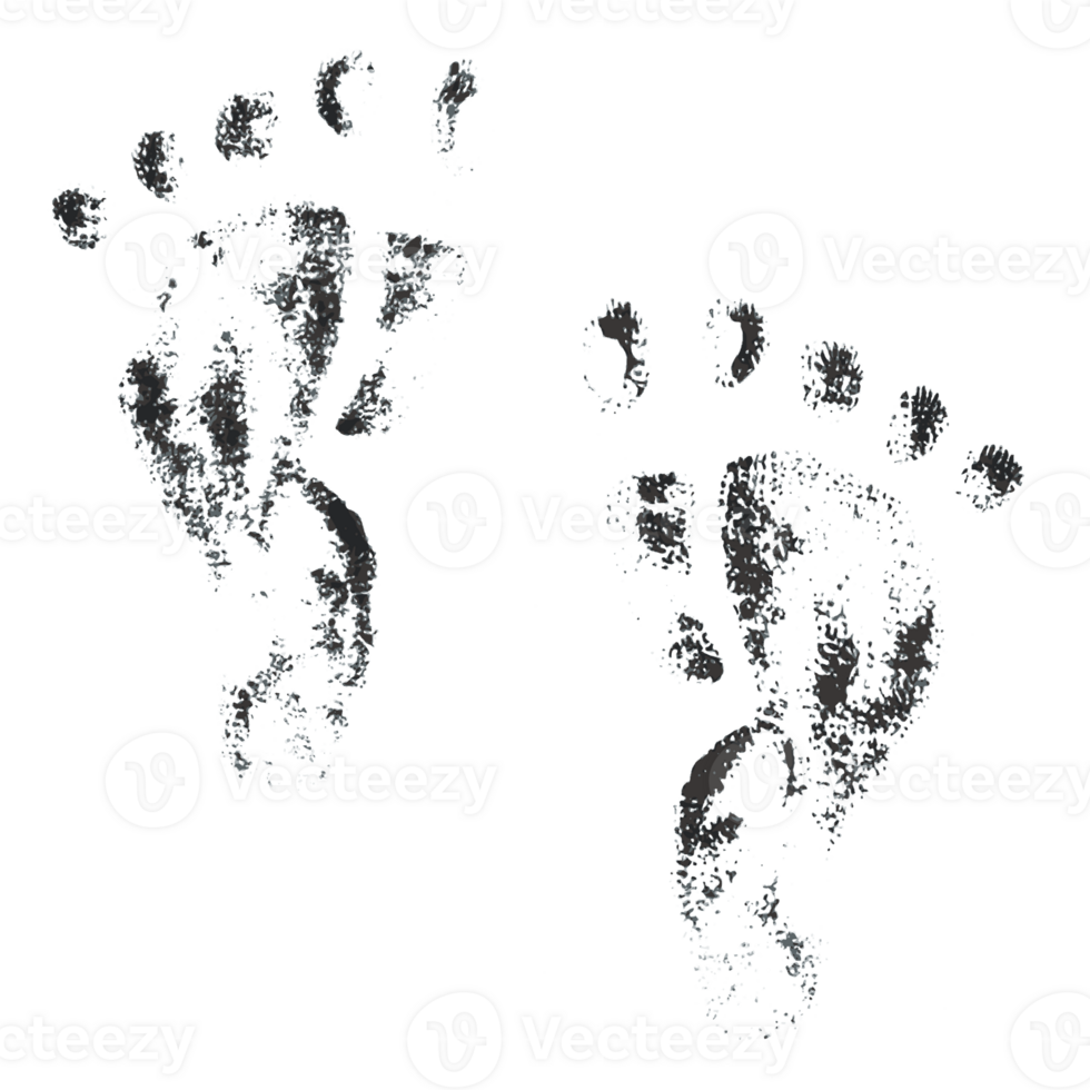 Two isolated dirty imperfect footprints made of black ink. png