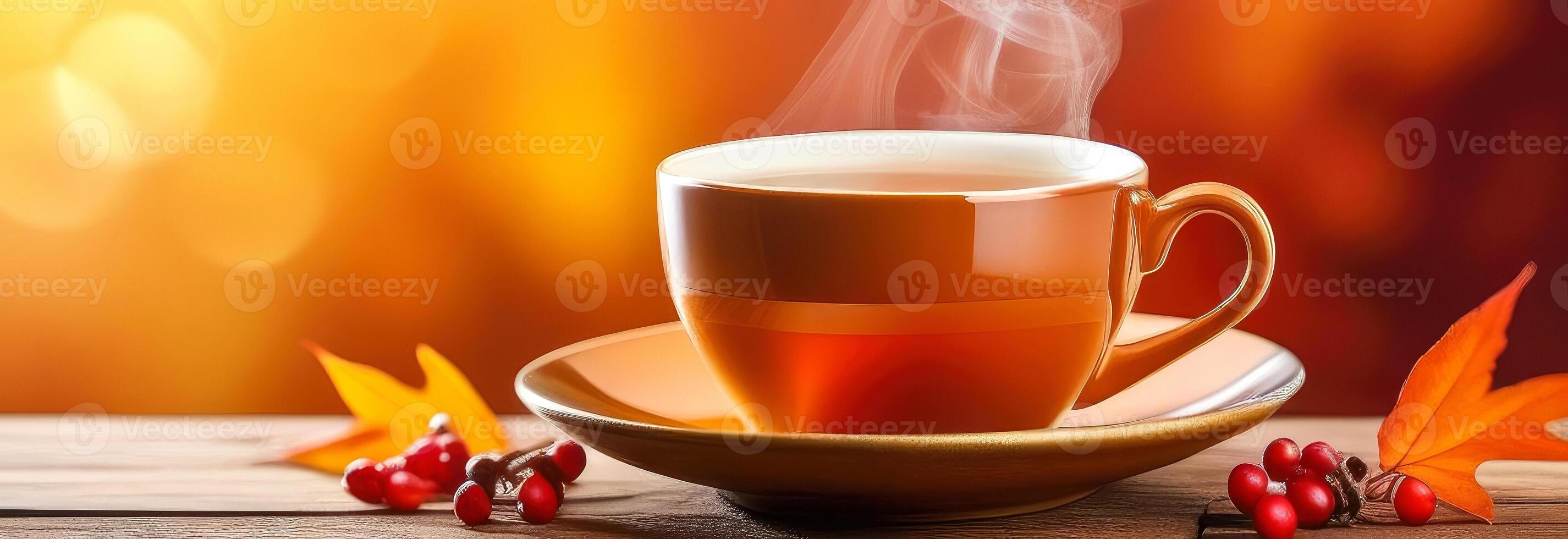 Steaming cup of hot beverage sits on a wooden surface with autumn leaves. wide web banner background with free place for text photo