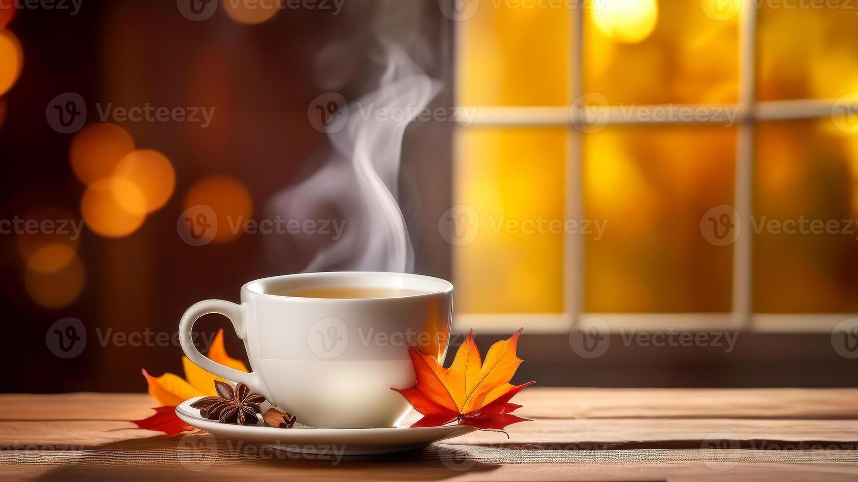 cup of hot beverage on a wooden surface with autumn leaves and star anise. wide web banner background with free place for text photo