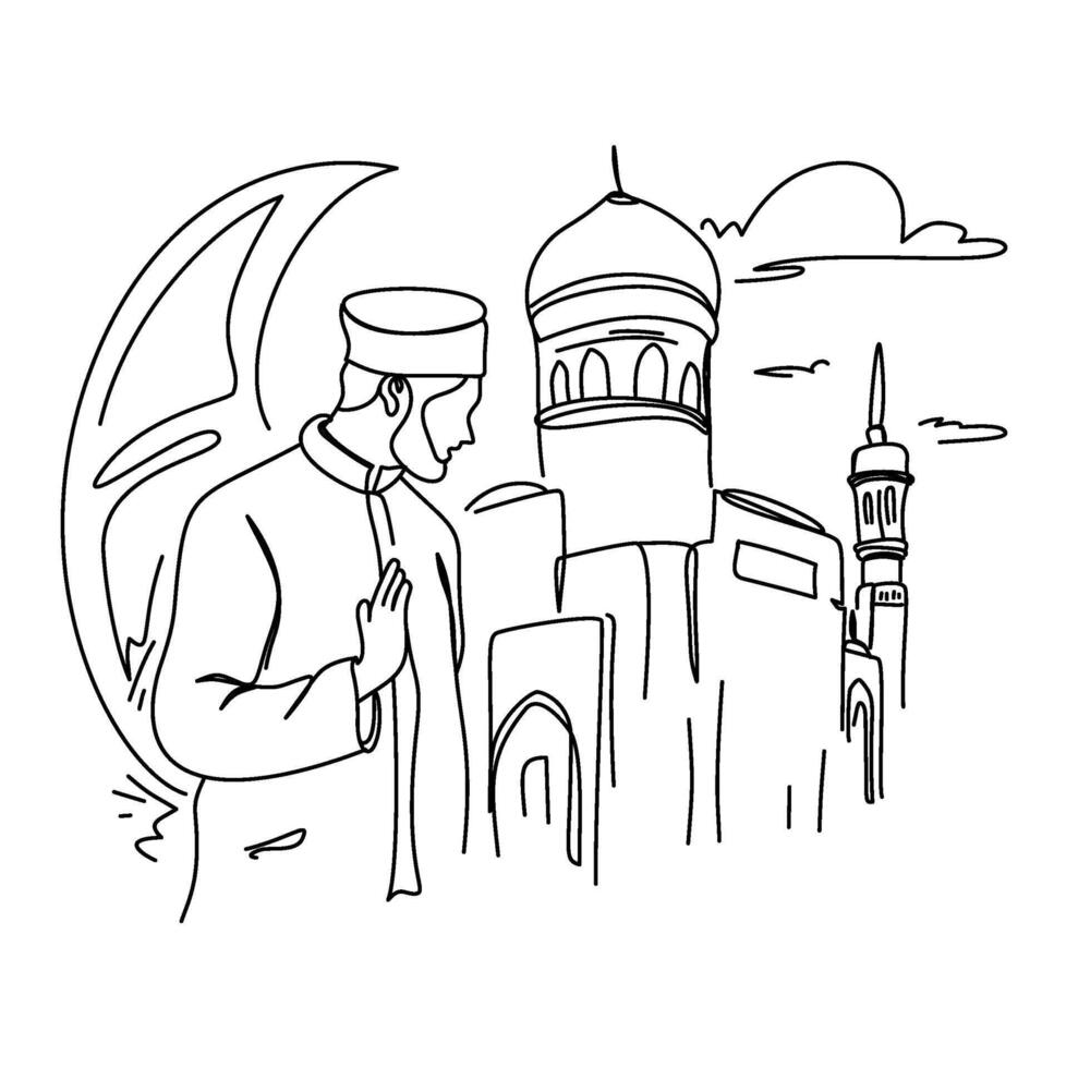 Line art illustration of a Muslim man praying in front of a mosque, symbolizing Ramadan and Islamic faith. Perfect for greeting cards, social media posts, and designs related to Eid al Fitr and Islami vector
