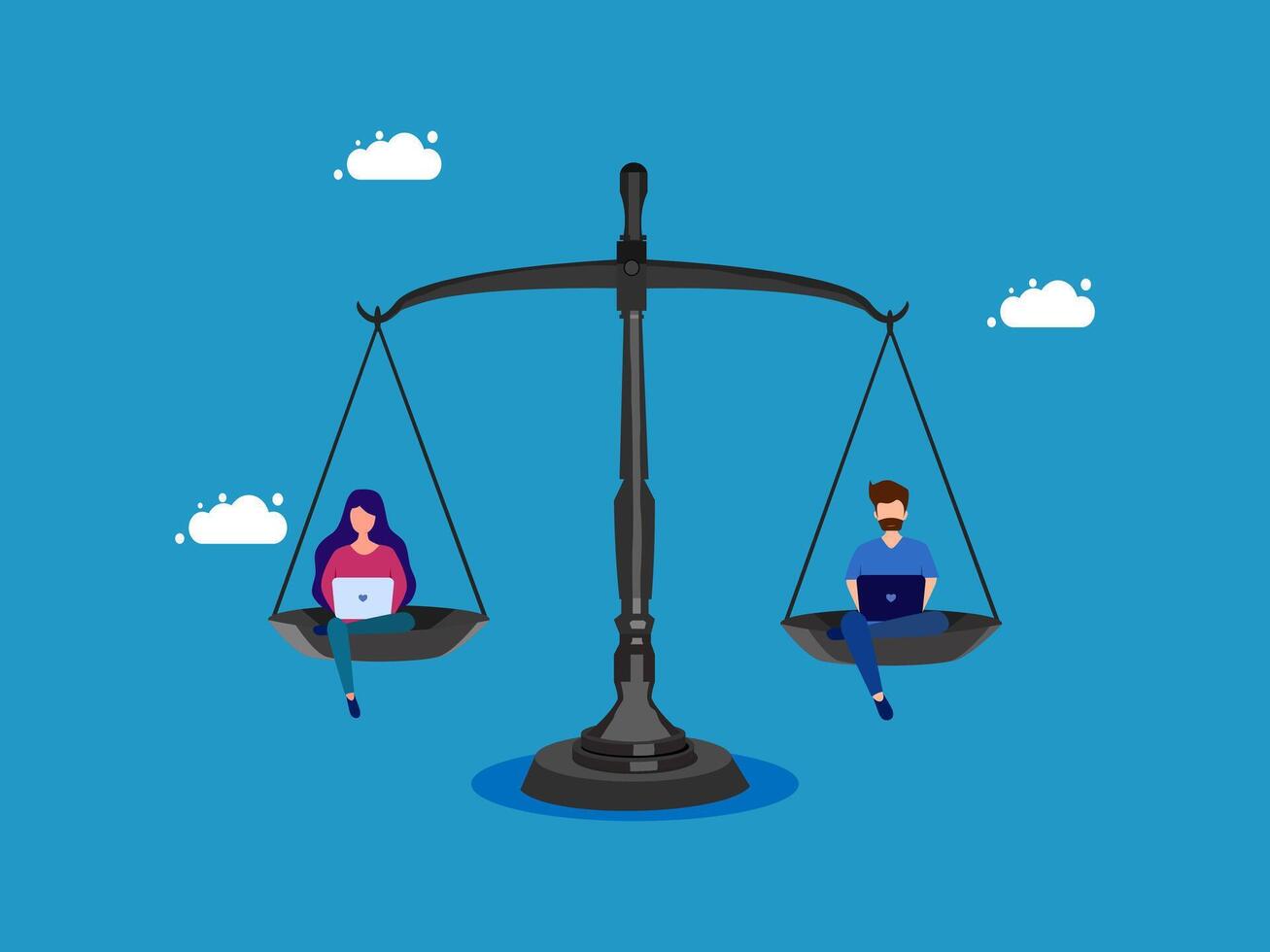 two people sitting on a balance scale with laptops vector