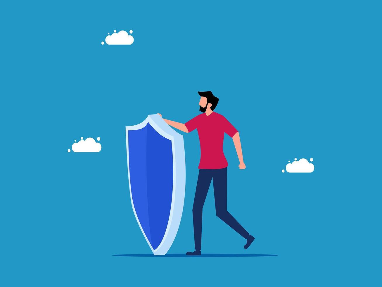 man holding a shield and standing in front of clouds vector