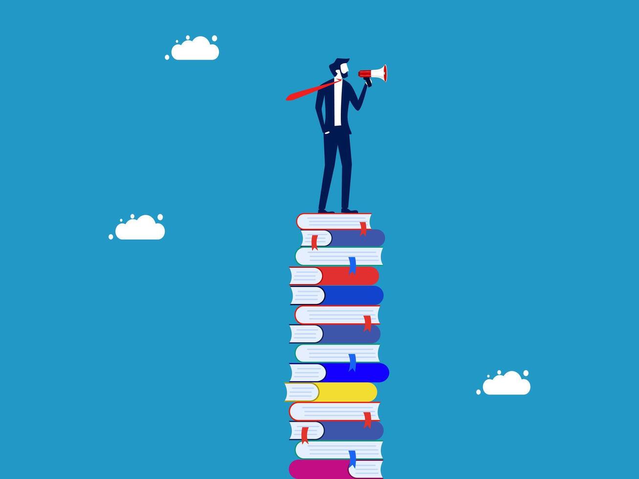 businessman standing on top of stack of books with megaphone vector