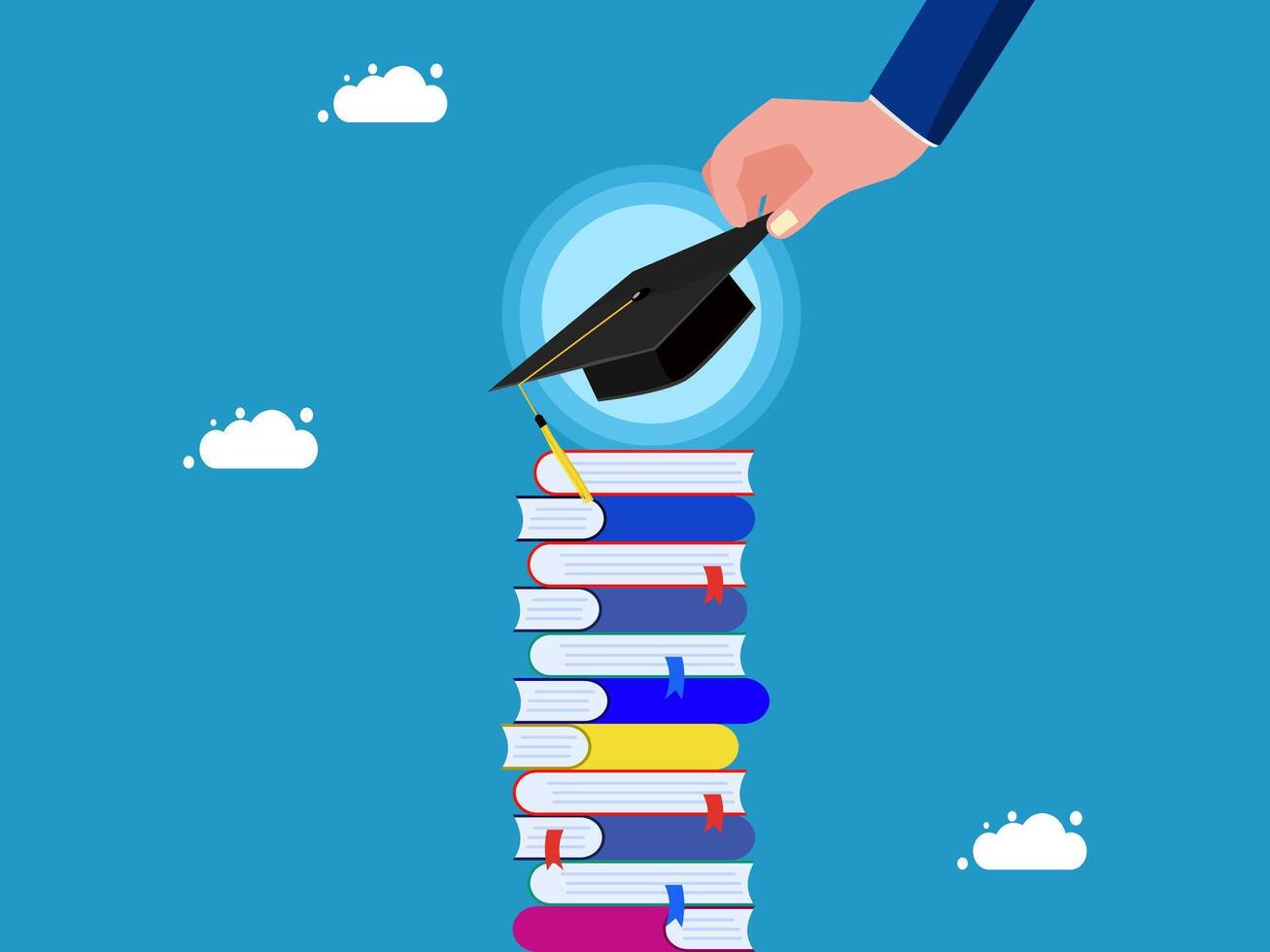 hand holding a graduation cap and books on top of a stack of books vector