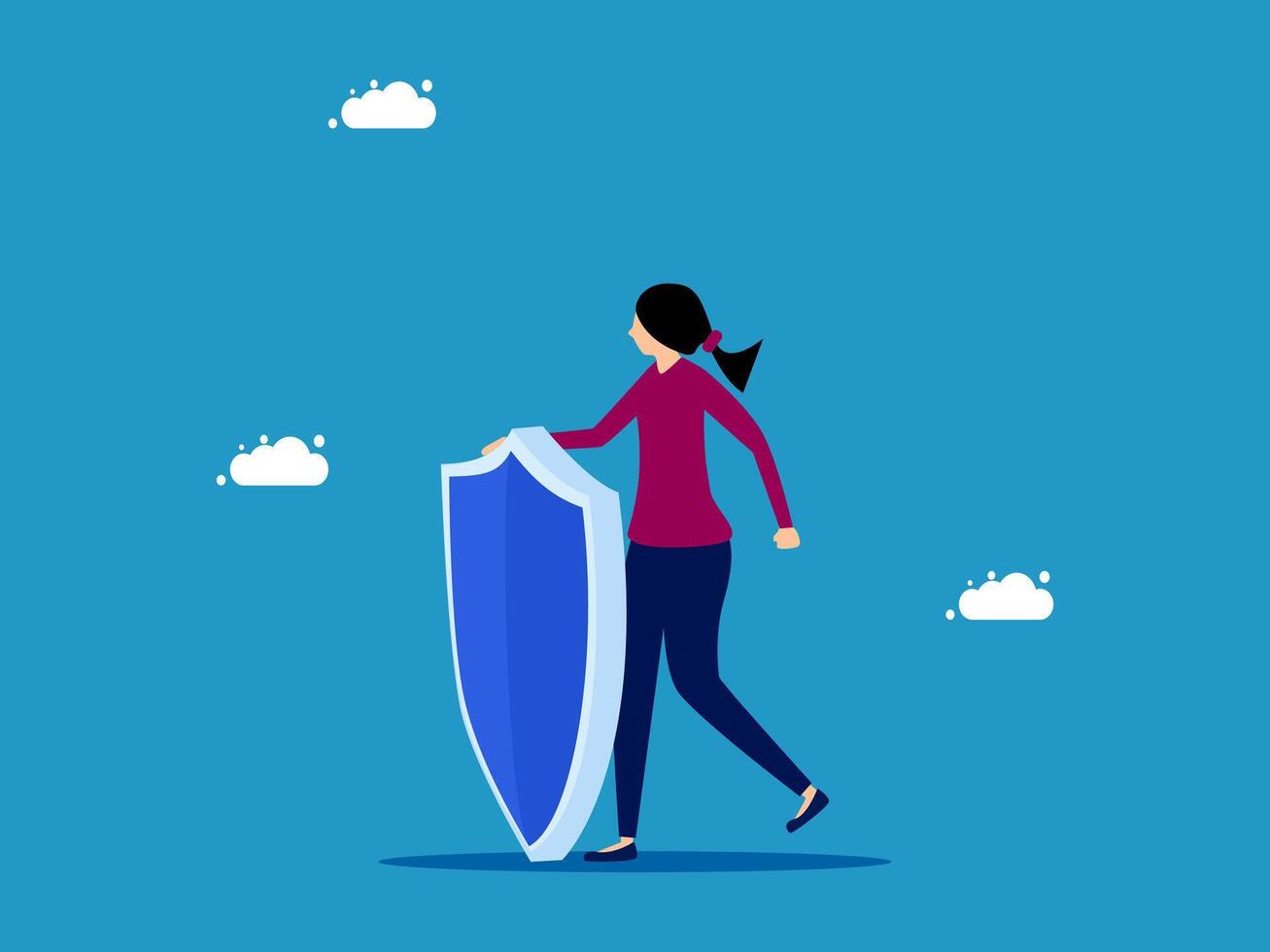 woman holding a shield and standing in front of clouds vector
