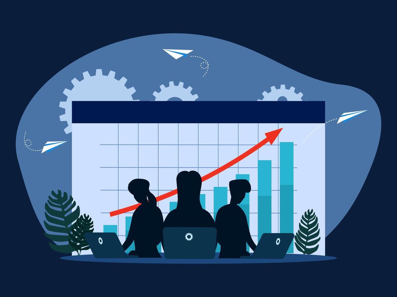 business people working on laptops in front of a graph vector