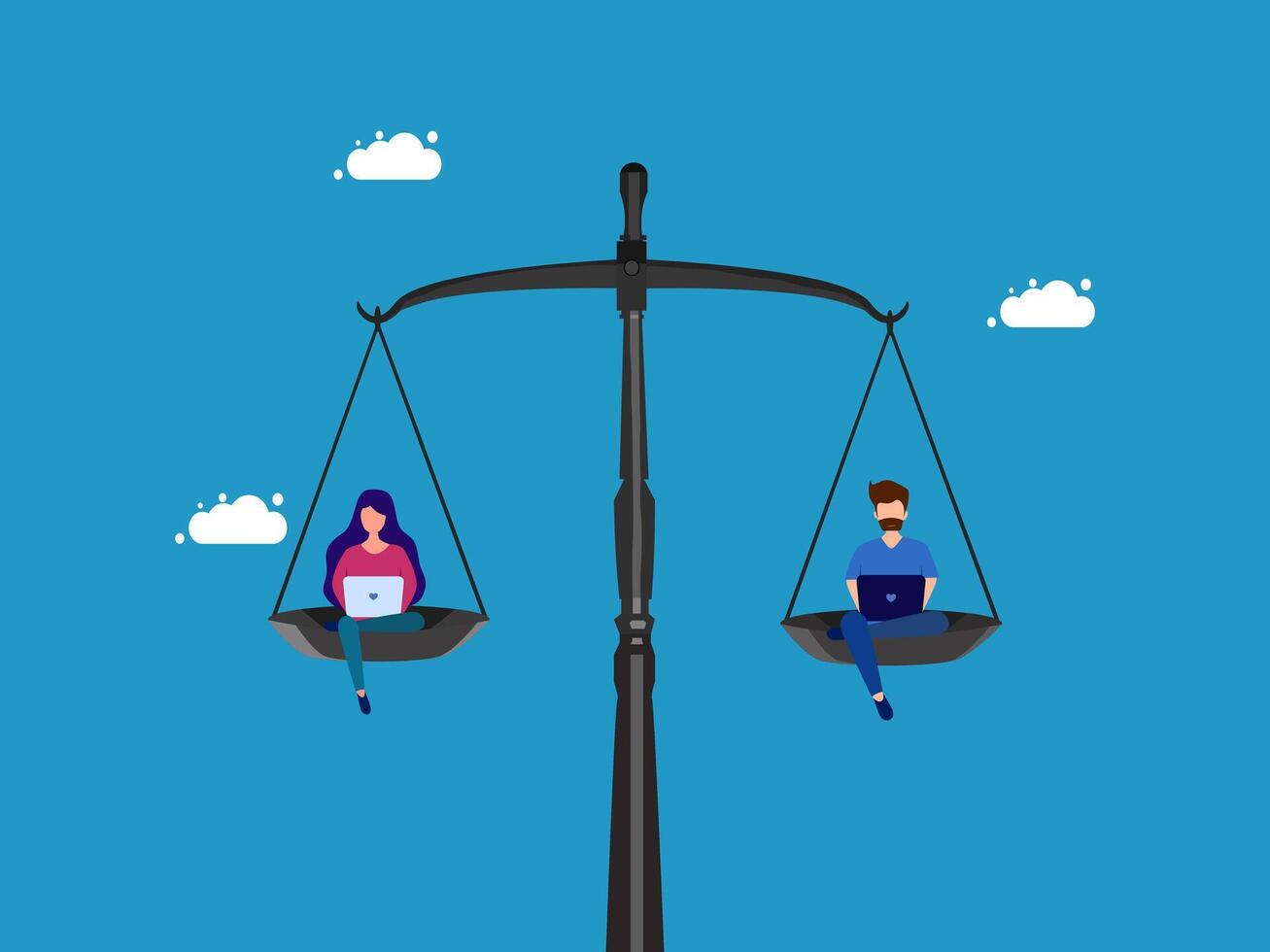 women and men sitting on a balance scale with laptops vector