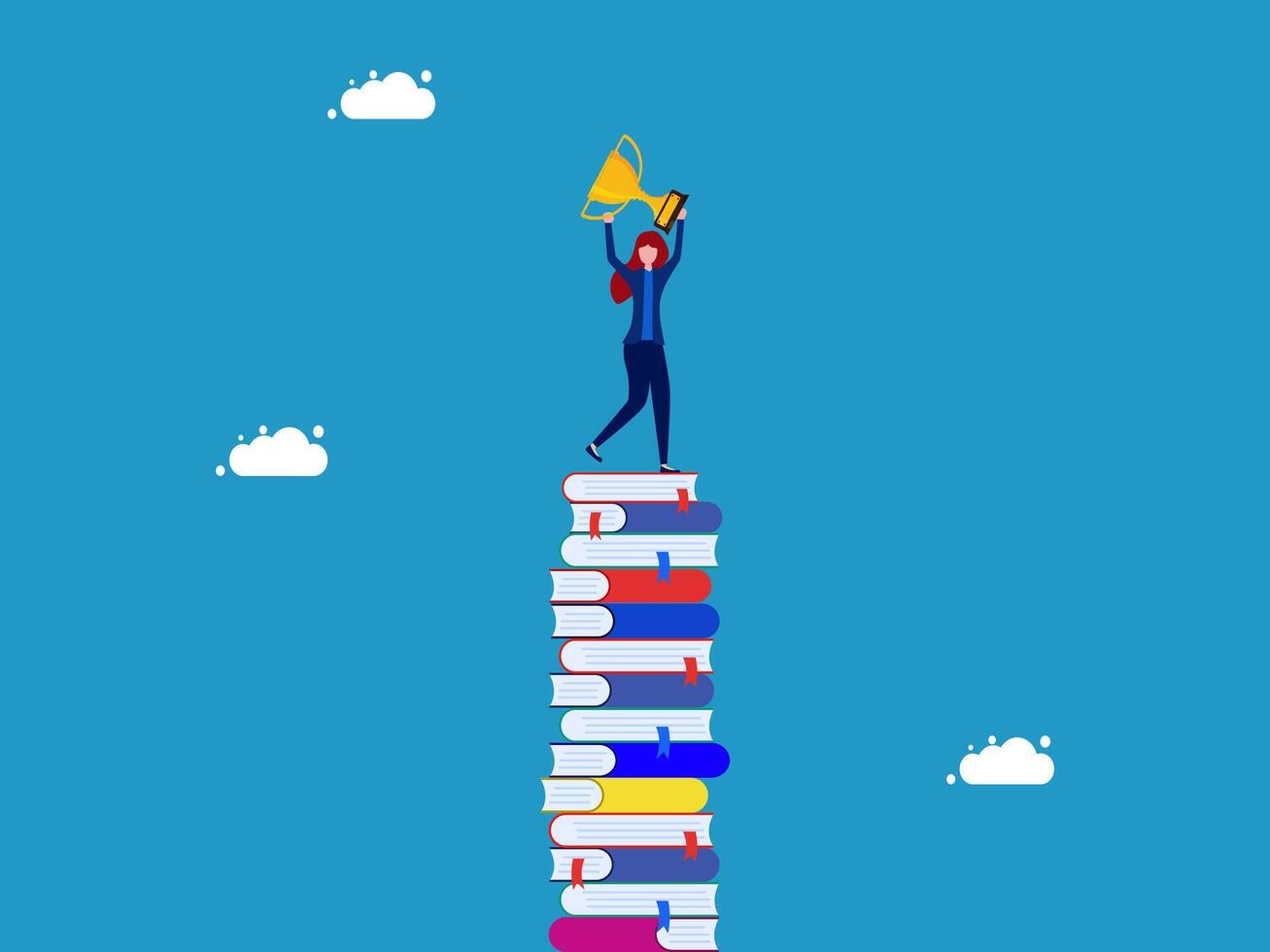 businesswoman standing on top of stack of books with a megaphone vector