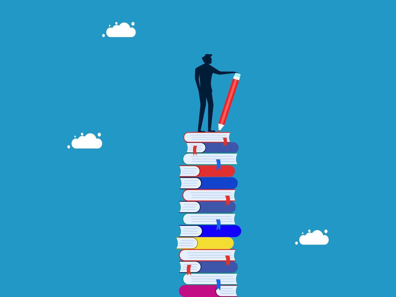 businessman standing on top of stack of books with pencil vector
