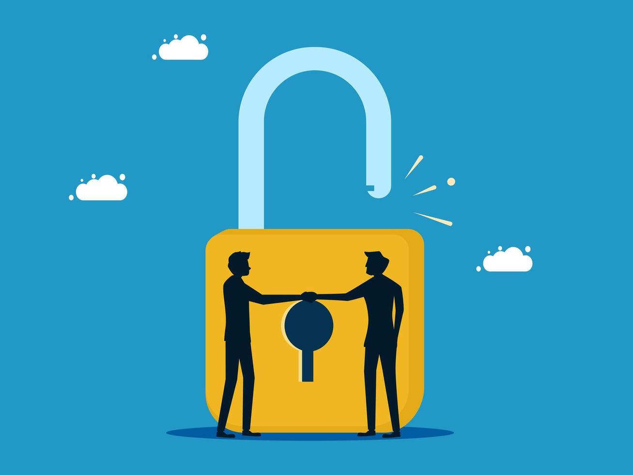 two business people shaking hands with a padlock vector