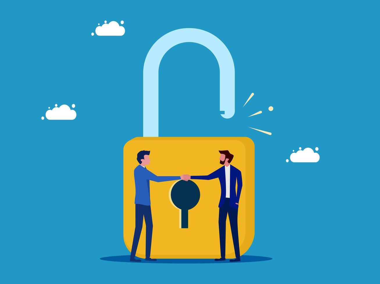 two people shaking hands with a padlock vector