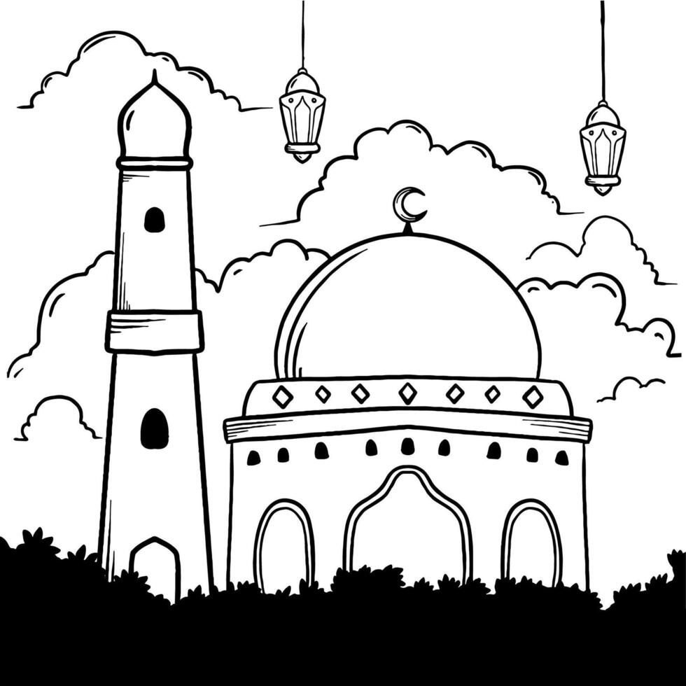 hand drawn cartoon line art doodle illustration for ramadan theme vector