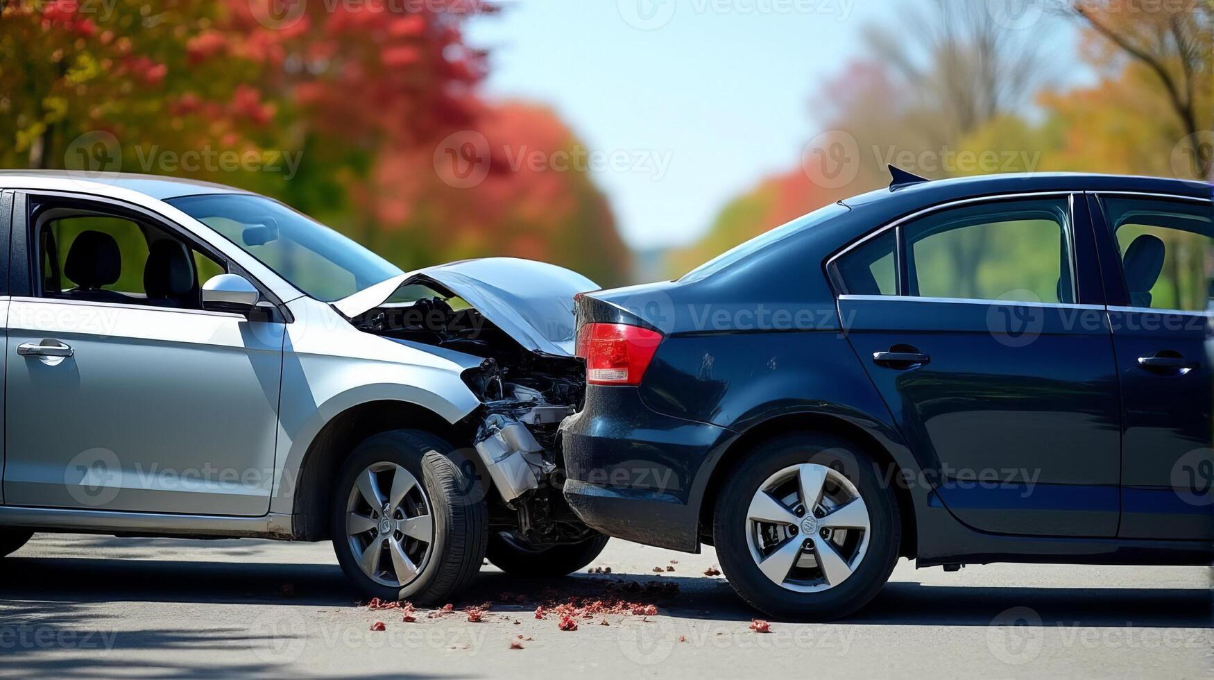 Collision Involving Two Cars on a Sunny Day With its Front Hood Crumpled photo