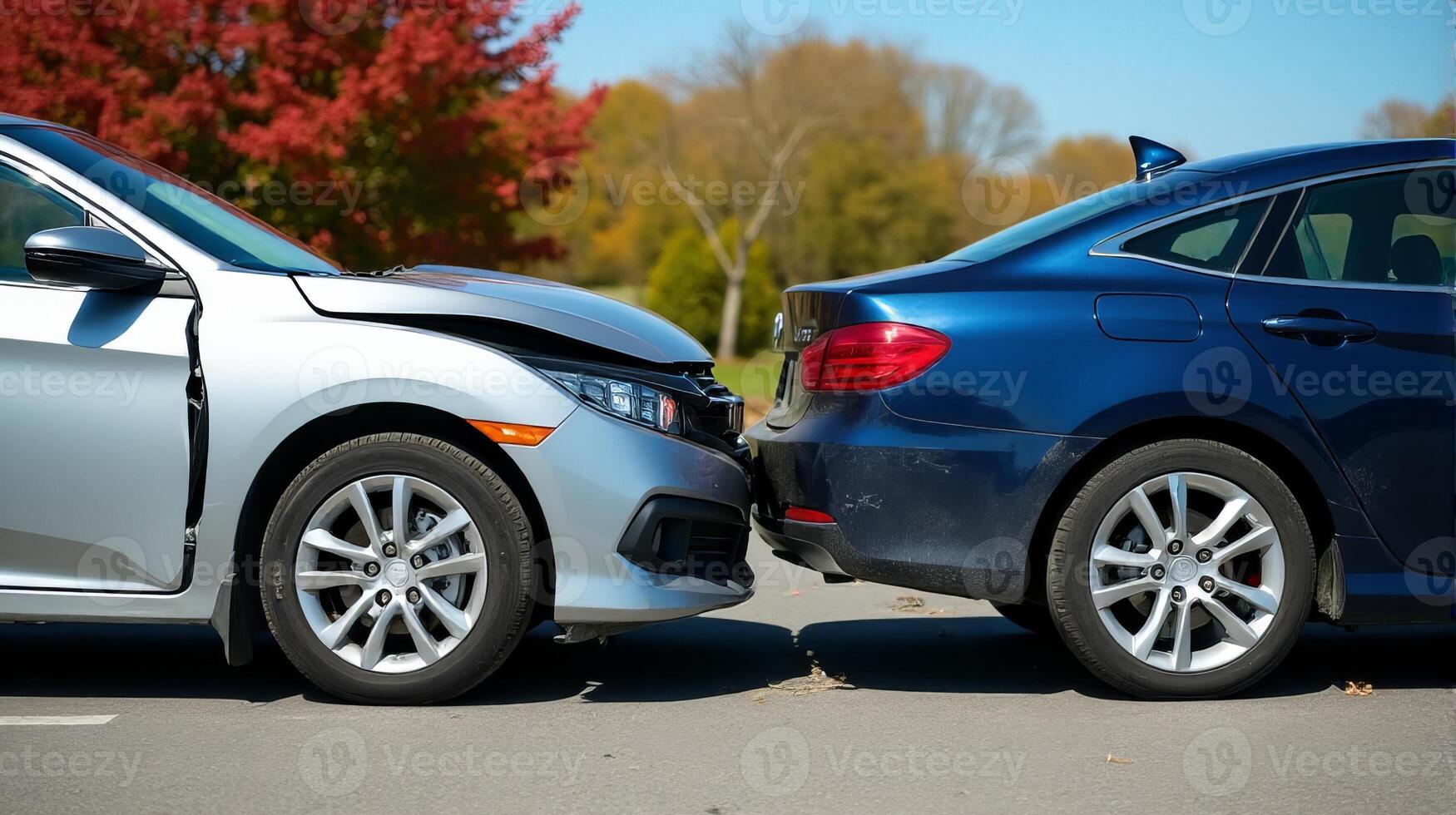 Collision Involving Two Cars on a Sunny Day With its Front Hood Crumpled and Raised, Exposing Internal Components. photo