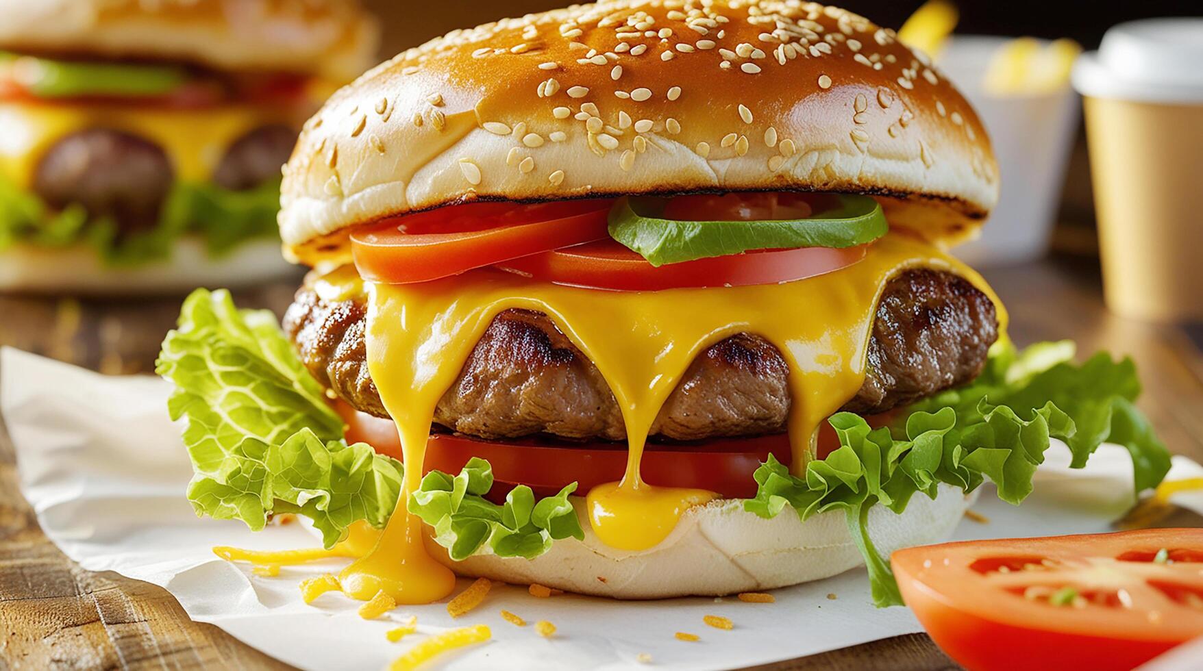 a hamburger with cheese and tomatoes on top photo