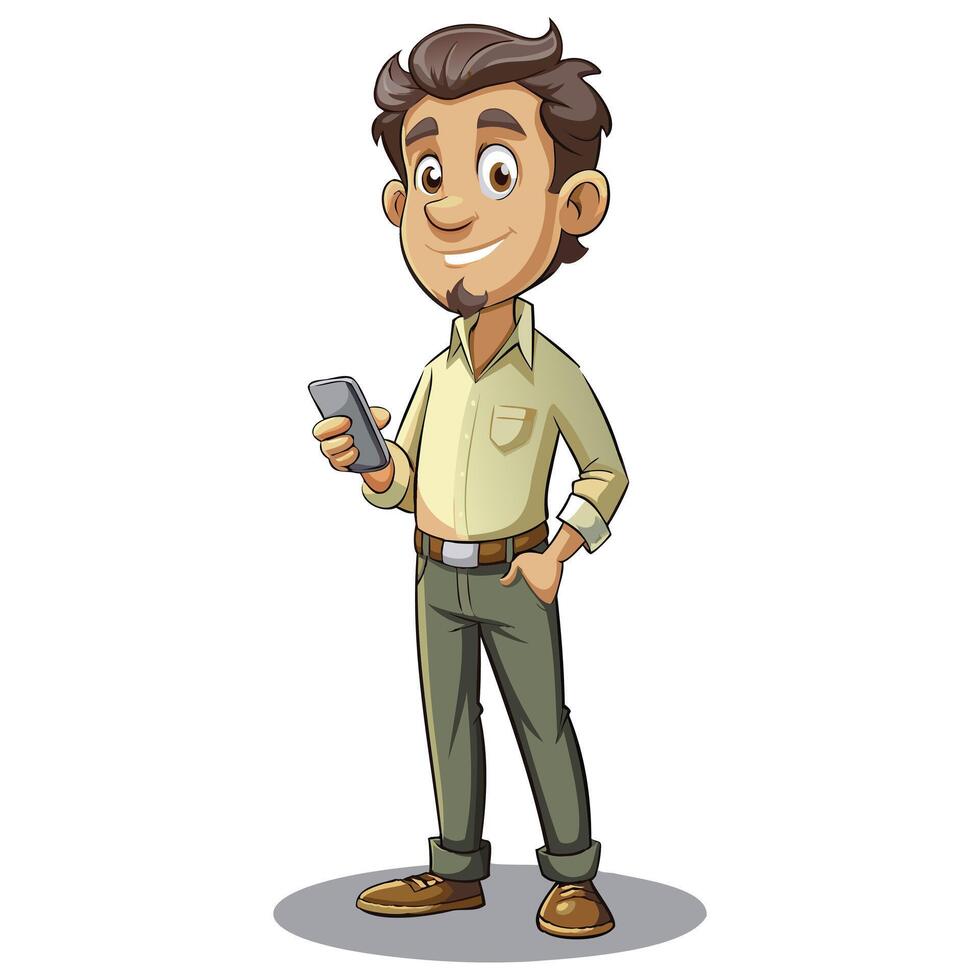 Cartoon Man Holding Phone in Hand Illustration vector
