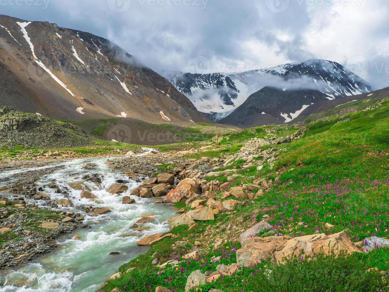 stream flows down from a glacier. Beautiful alpine landscape with a fast river. photo