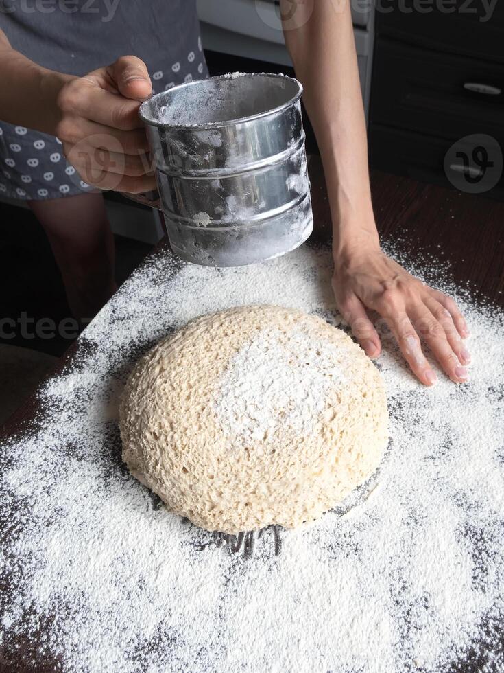 Flour pouring from hands onto raw yeast-free dough. White bread texture. Mankind oldest staple foods. photo