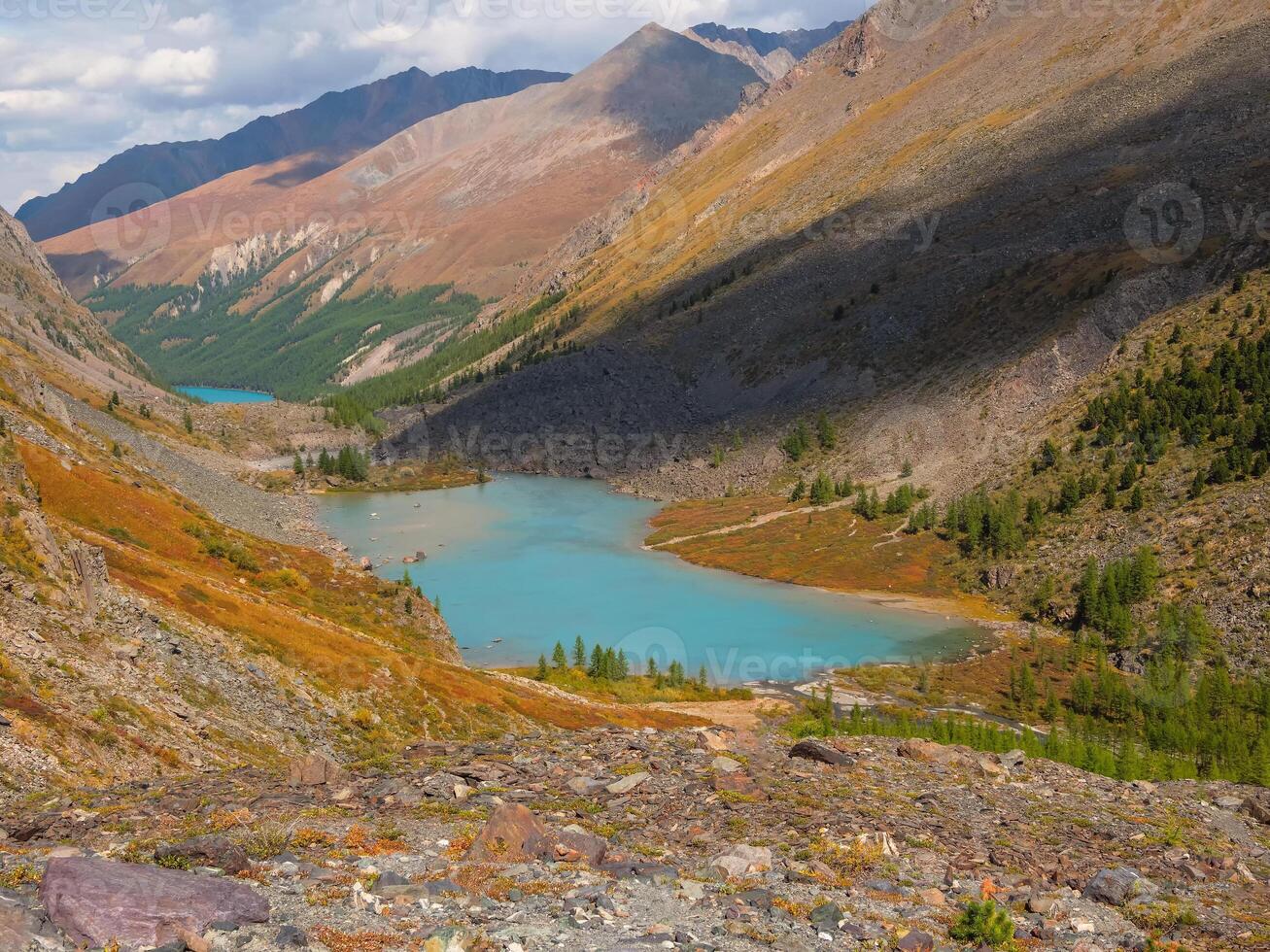 mountain lake on background of mountains. Atmospheric landscape with lake in high mountain valley. photo