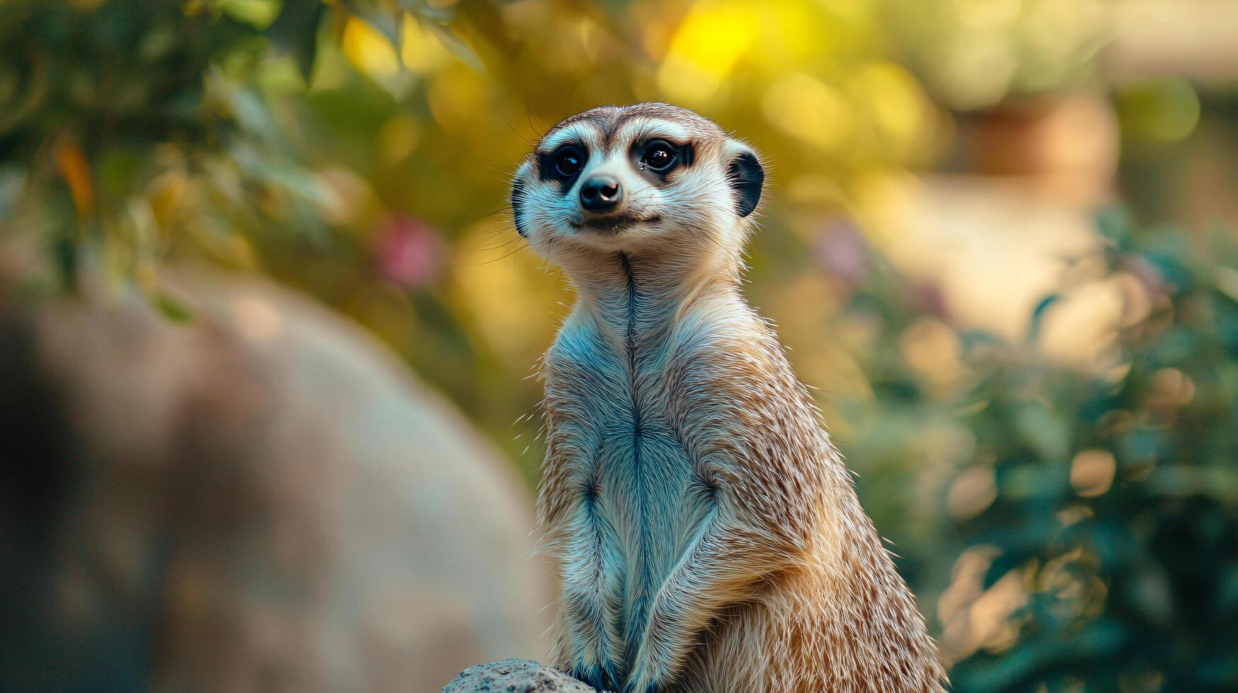 Alert meerkat standing upright in natural setting. photo