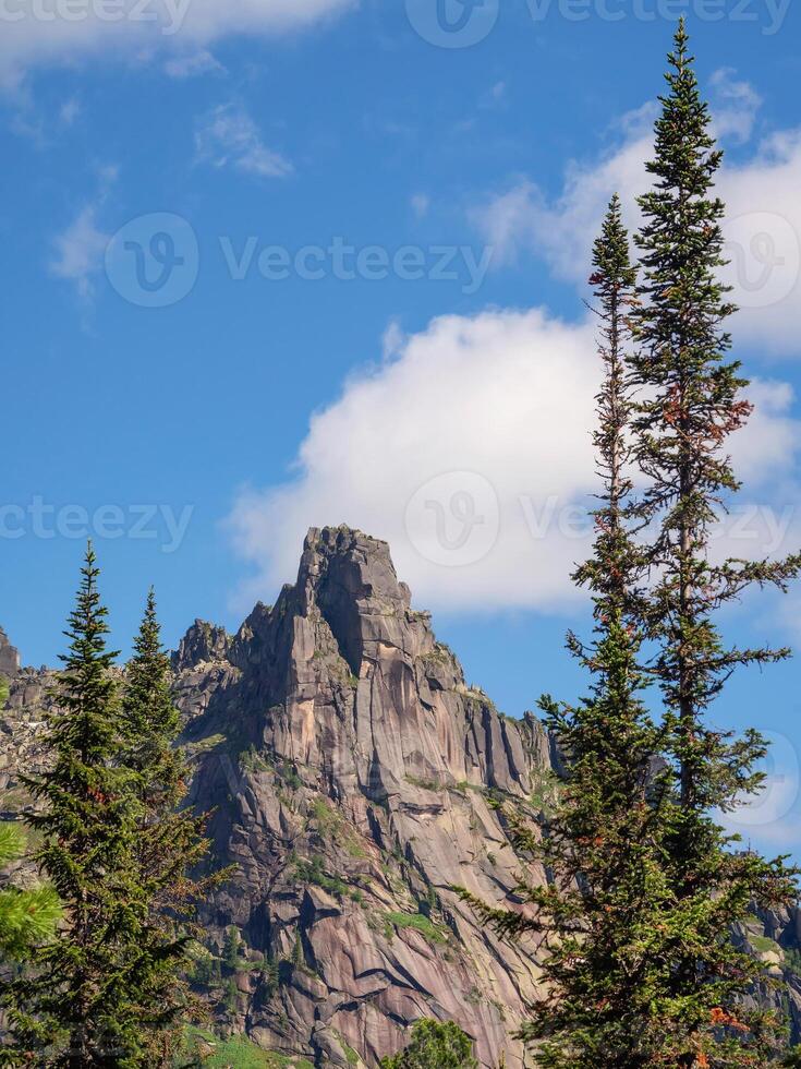 Wonderful view to beautiful rock with coniferous trees photo