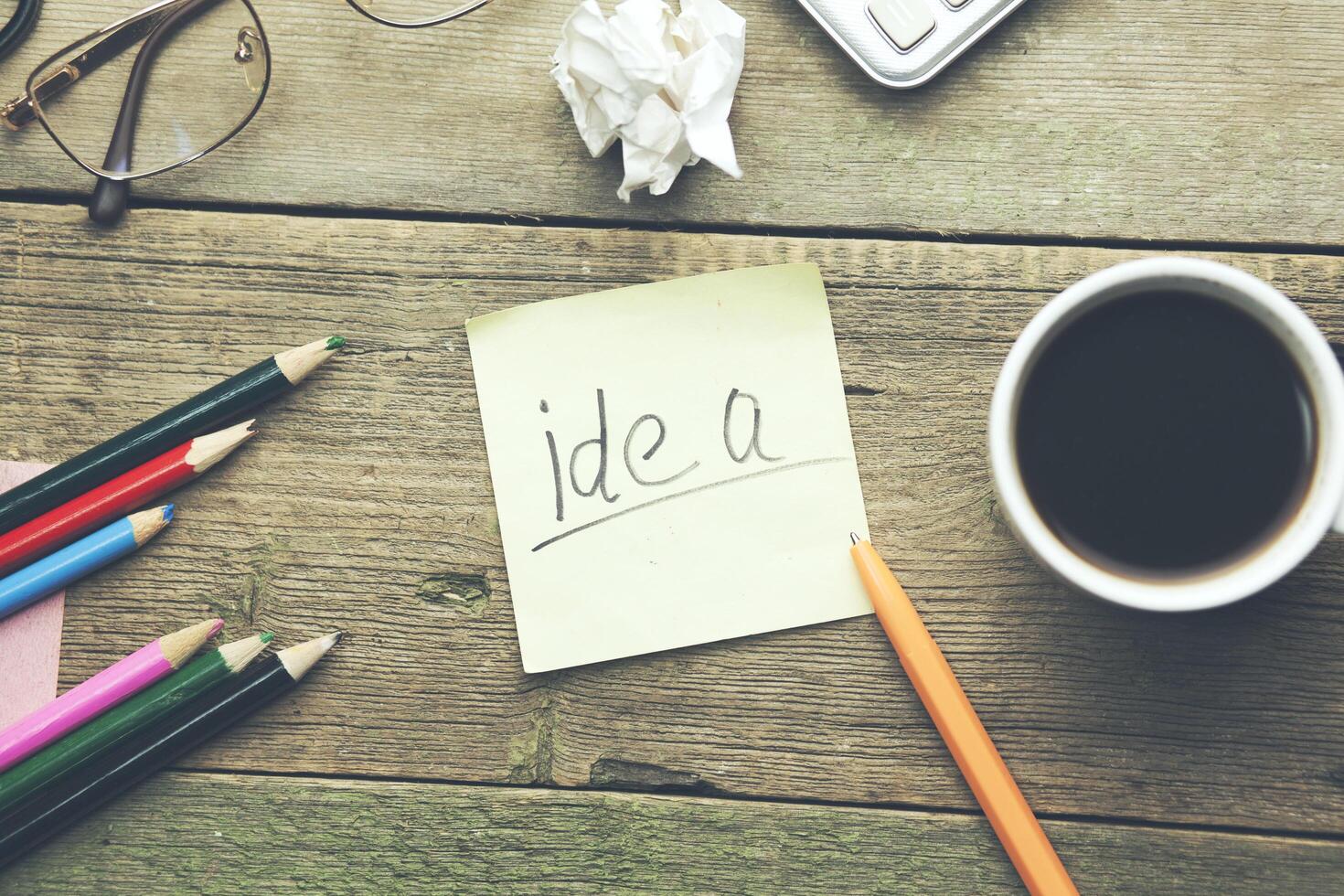 Idea text on adhesive note and stationary at office photo