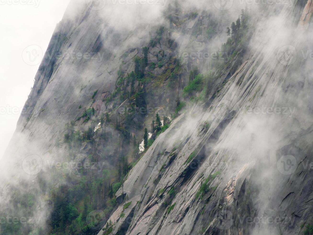 Vertical granite wall of a mountain with a tree forest above a c photo