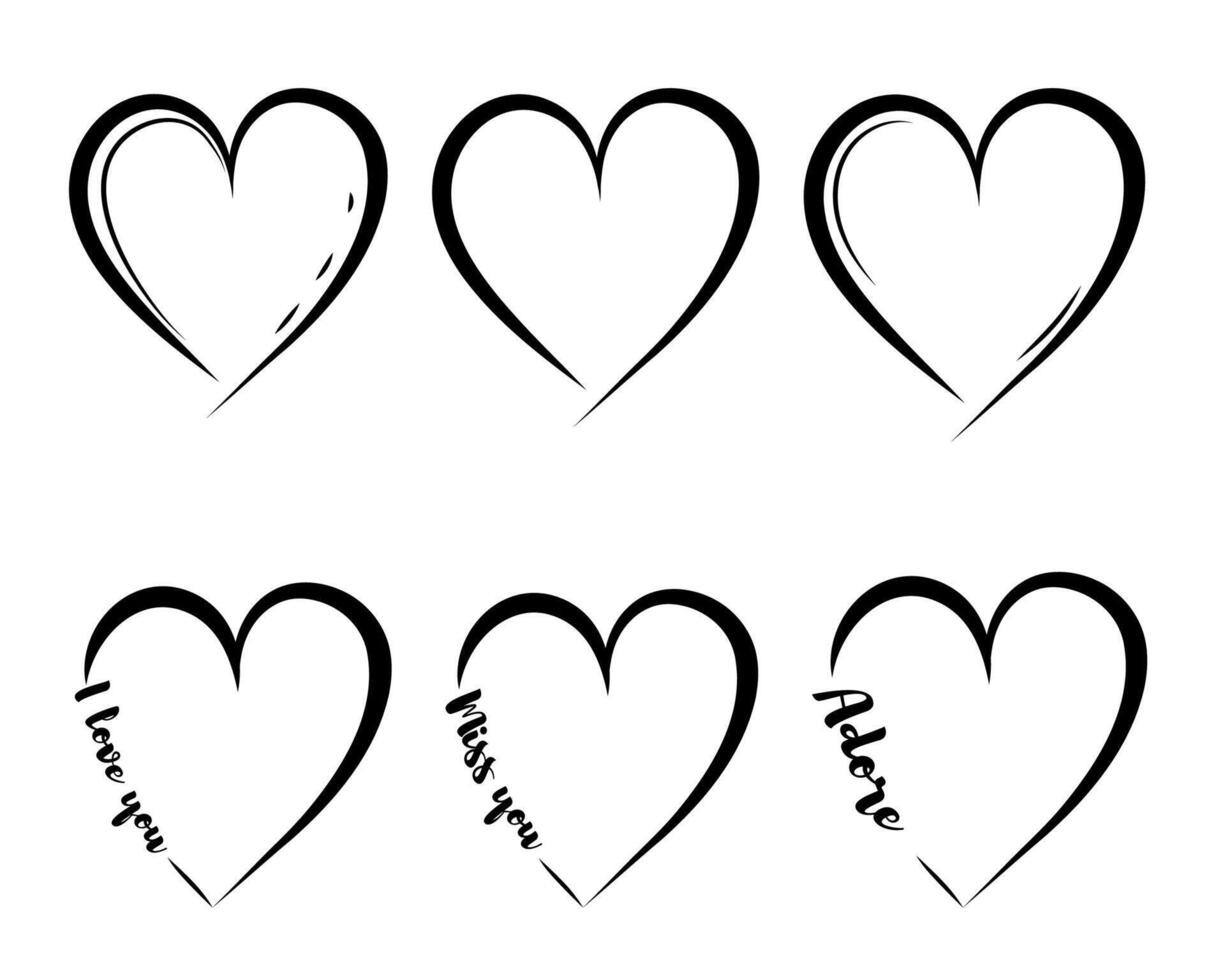 Set of open hearts. Romantic elements. Hearts outline. Bundle of Hearts with inscriptions vector