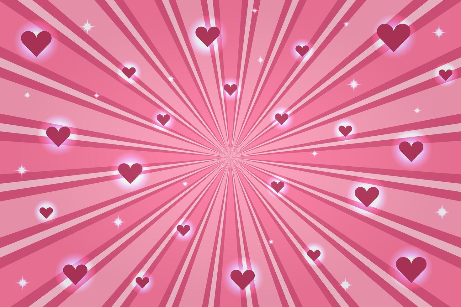 Holiday horizontal background with sun rays, glare and hearts. Valentine's Day banner design. illustration vector