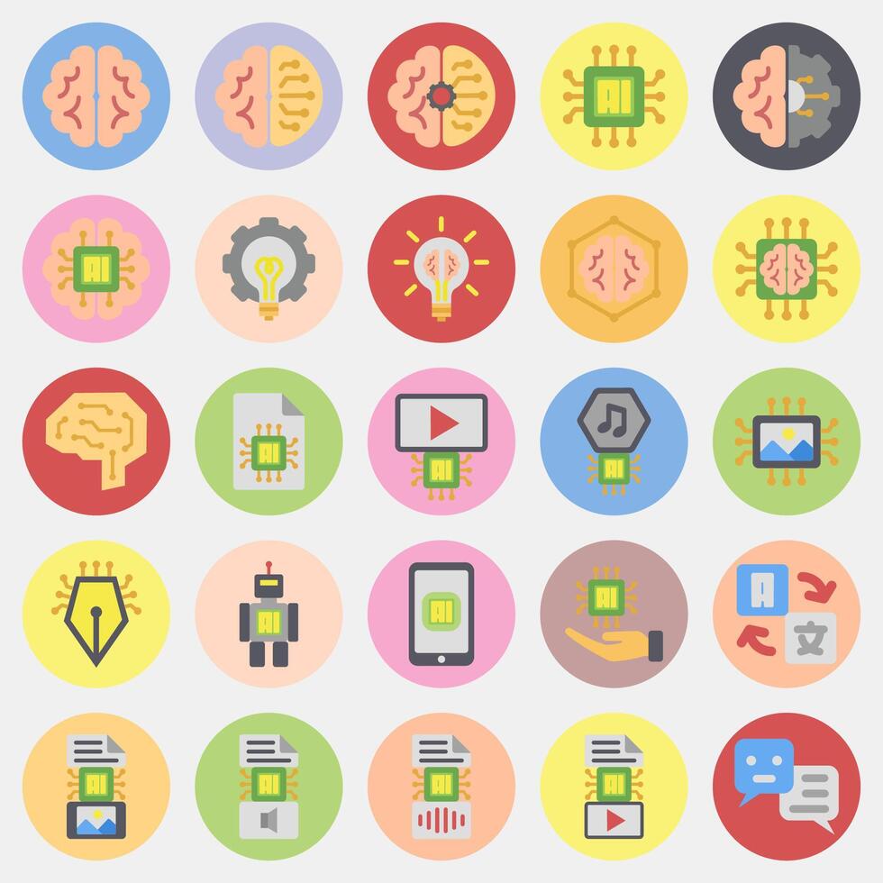 Icon set of artificial intelligence. Artificial intelligence elements. Icon in color mate style. vector