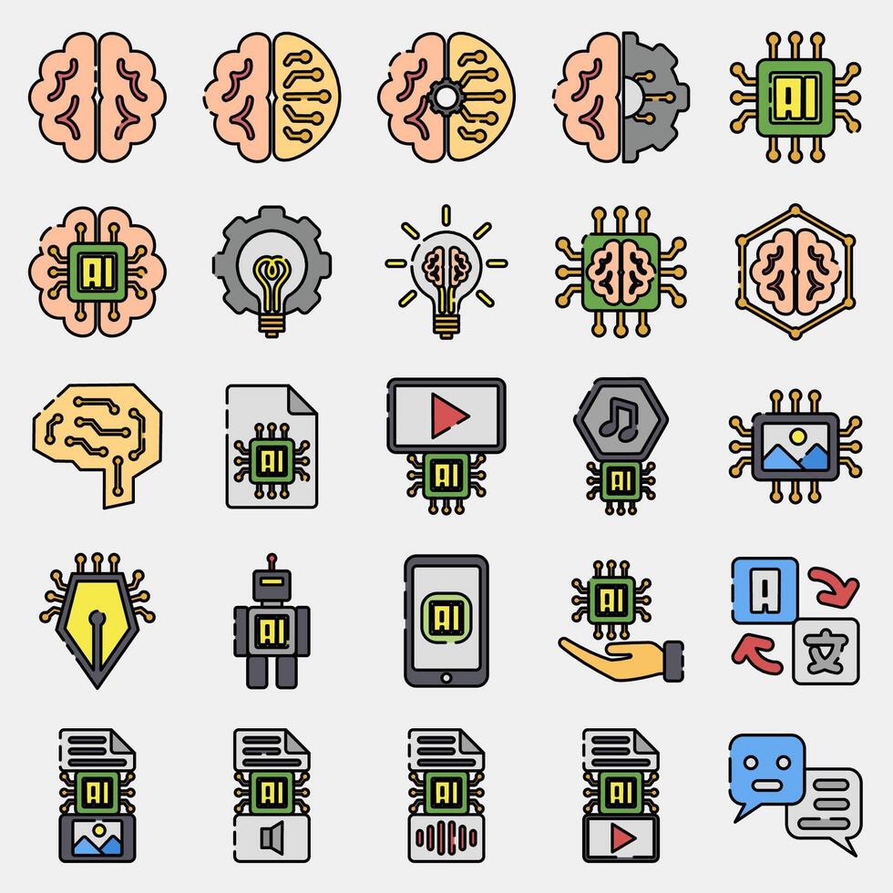 Icon set of artificial intelligence. Artificial intelligence elements. Icon in filled line style. vector