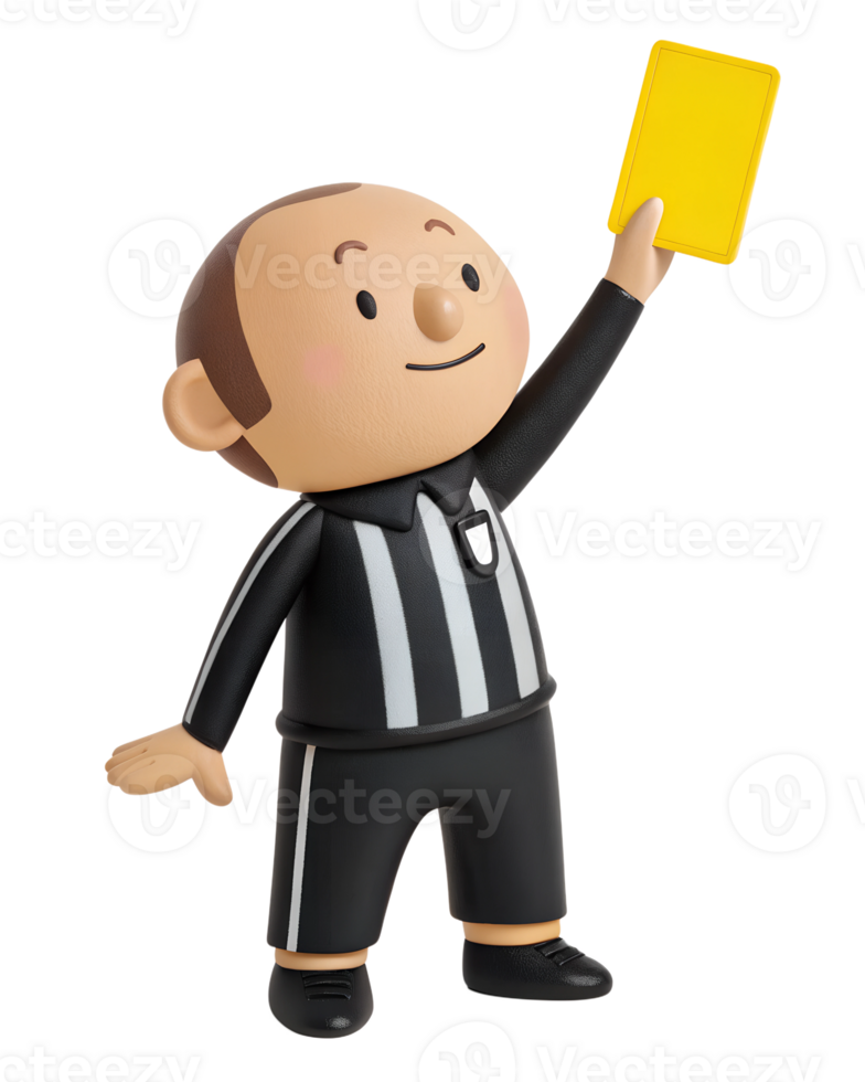 a clay Cute, the referee, holds up a yellow card, isolated on a transparent background png