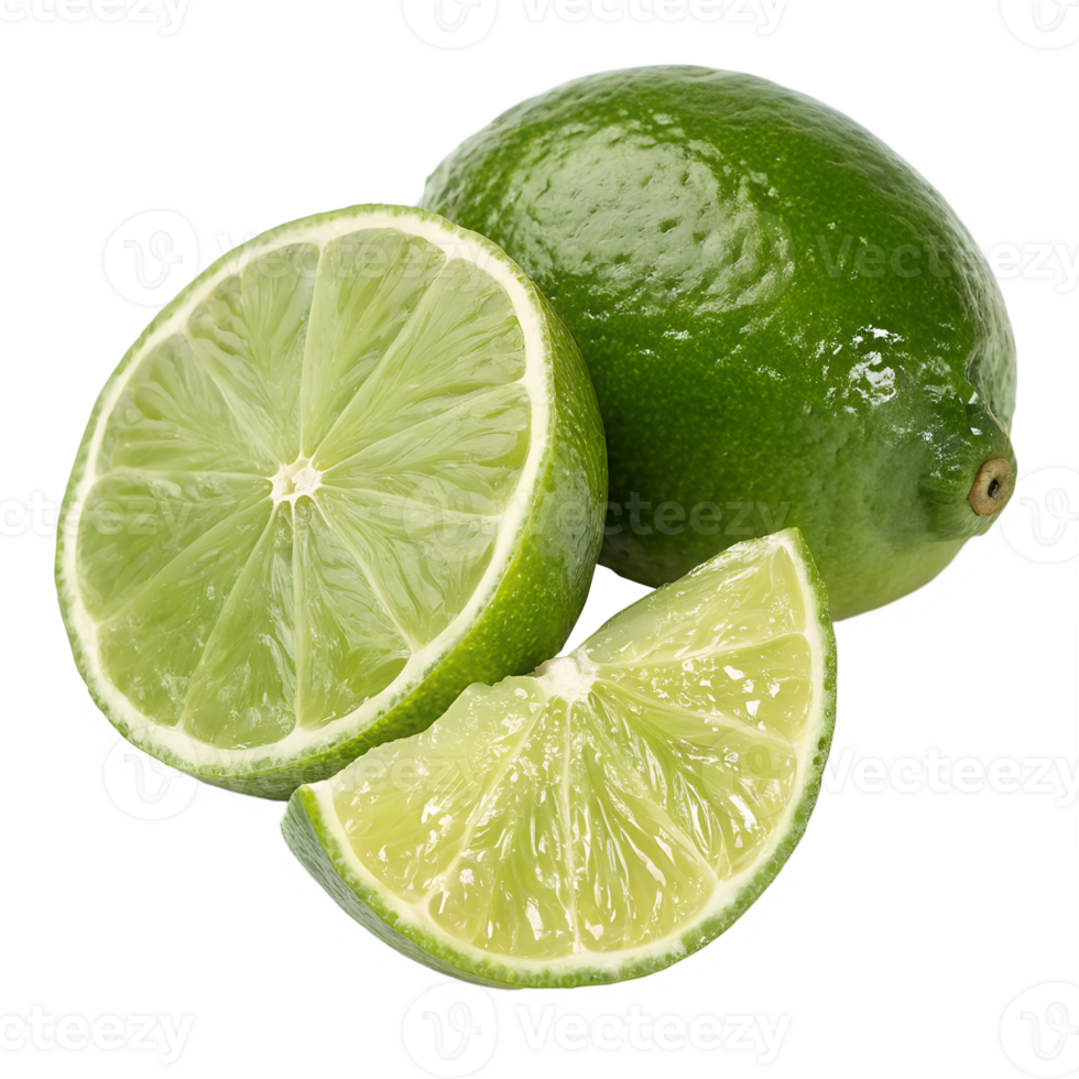A bright green lime with smooth, shiny skin, displayed alongside a sliced lime revealing the vibrant green pulp and juicy segments inside png