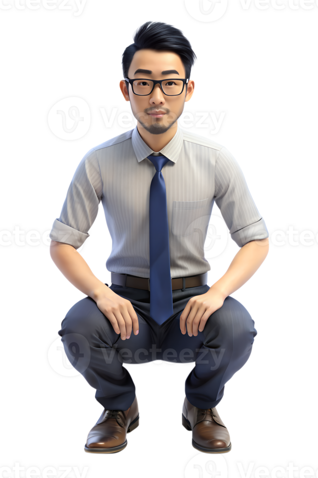 3d style illustration of a man wearing a blue tie and glasses is squatting down png